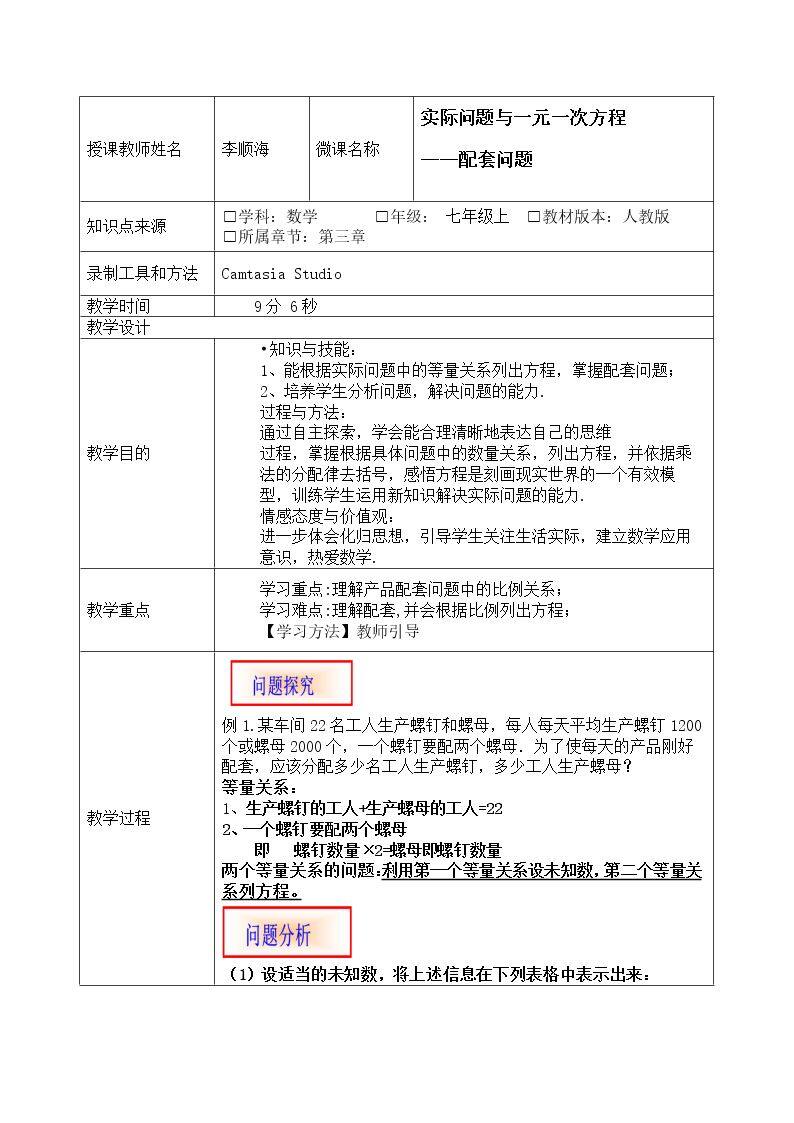实际问题与一元一次方程 ——配套问题