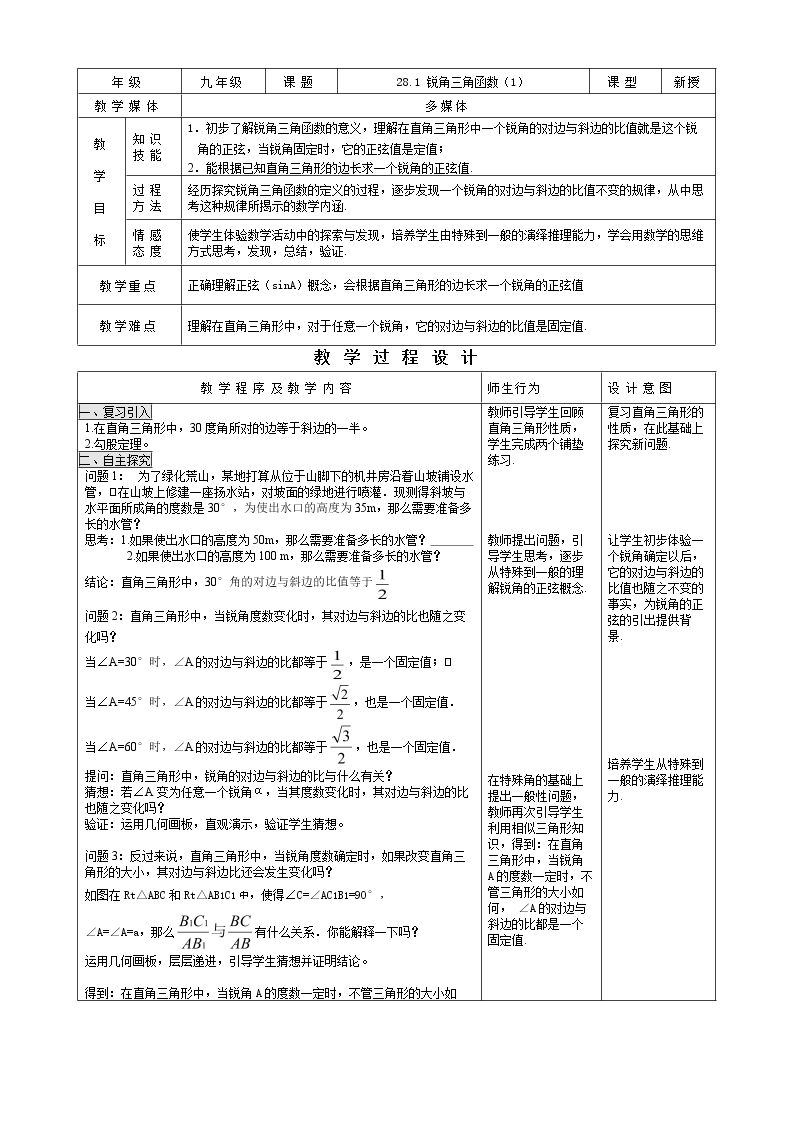 28.1 锐角三角函数