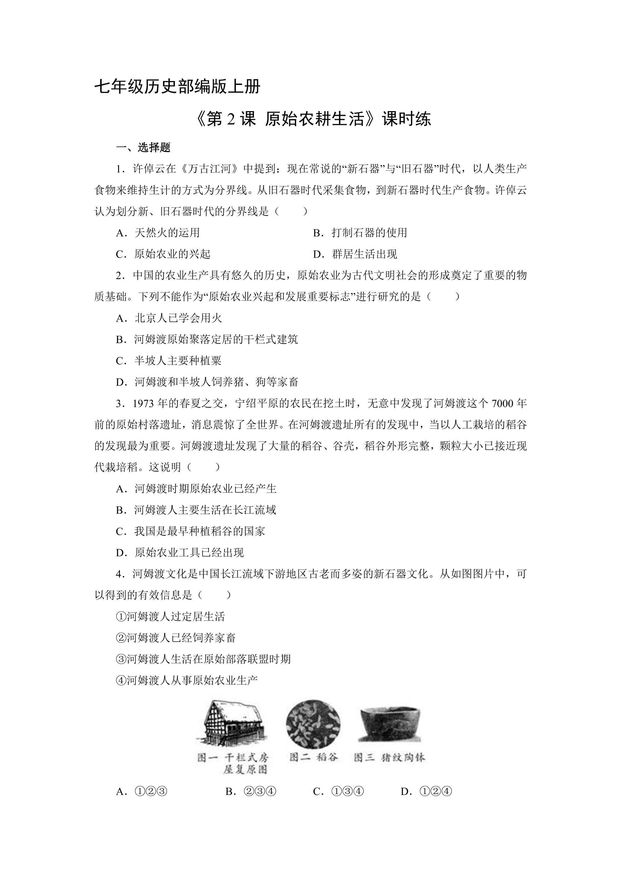 【★】七年级历史部编版上册课时练《1.2 原始农耕生活》