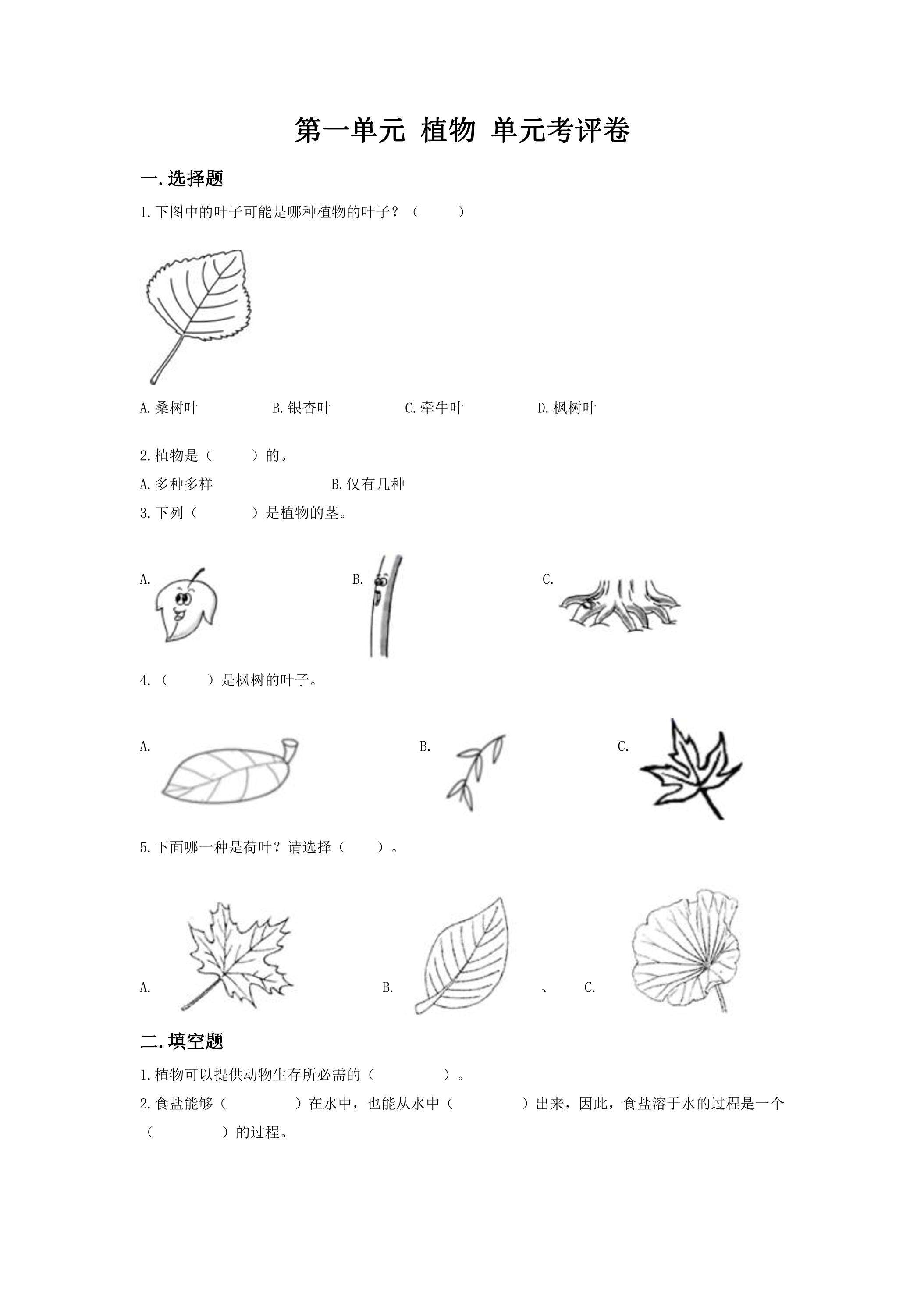 第一单元 植物 单元考评卷