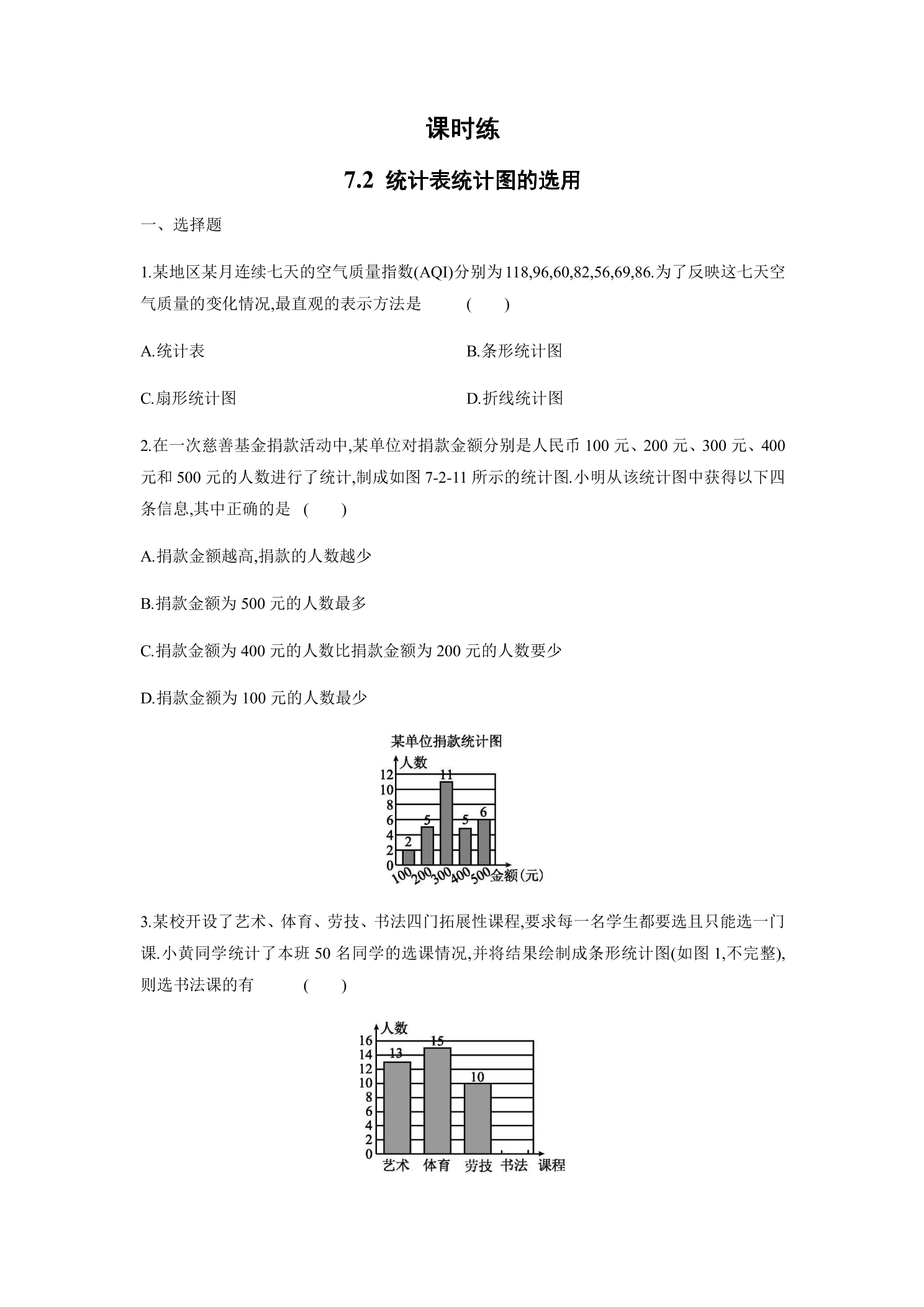 【★★】8年级数学苏科版下册课时练第7单元 《7.2 统计表、统计图的选用》