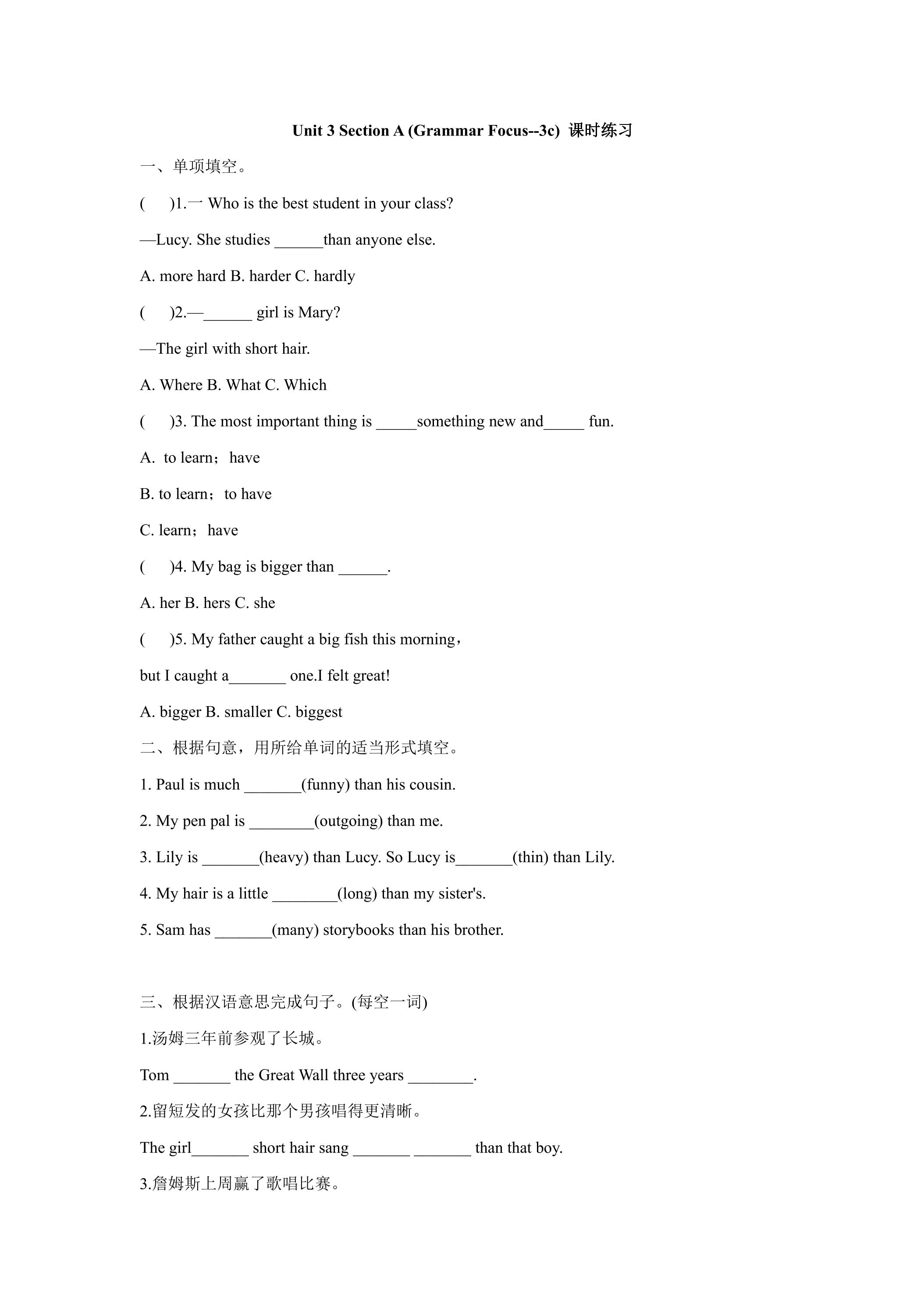 Unit 3 Section A (Grammar Focus--3c) 课时练习