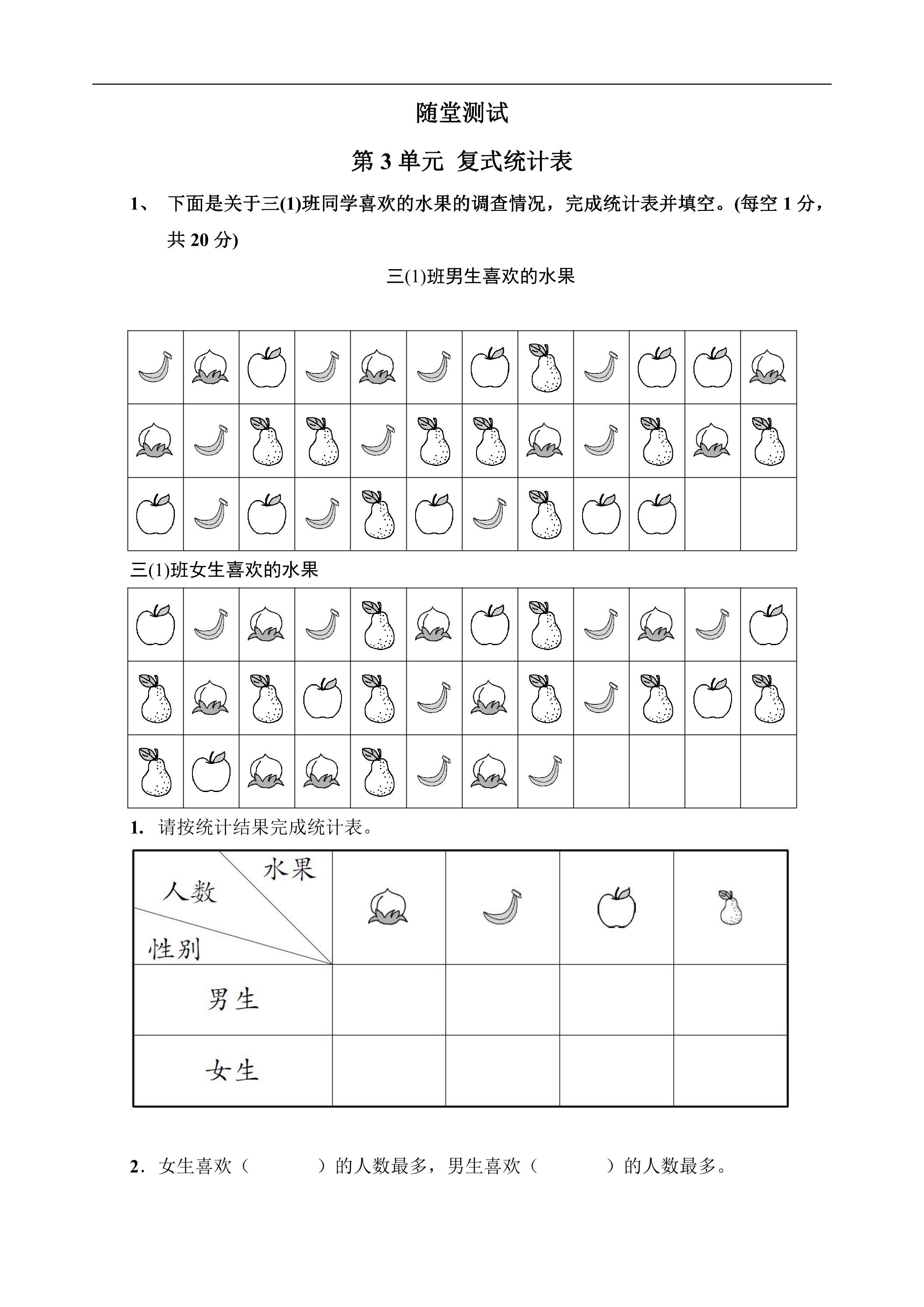 三年级下册数学人教版随堂测试第3单元《复式统计表》（含答案）