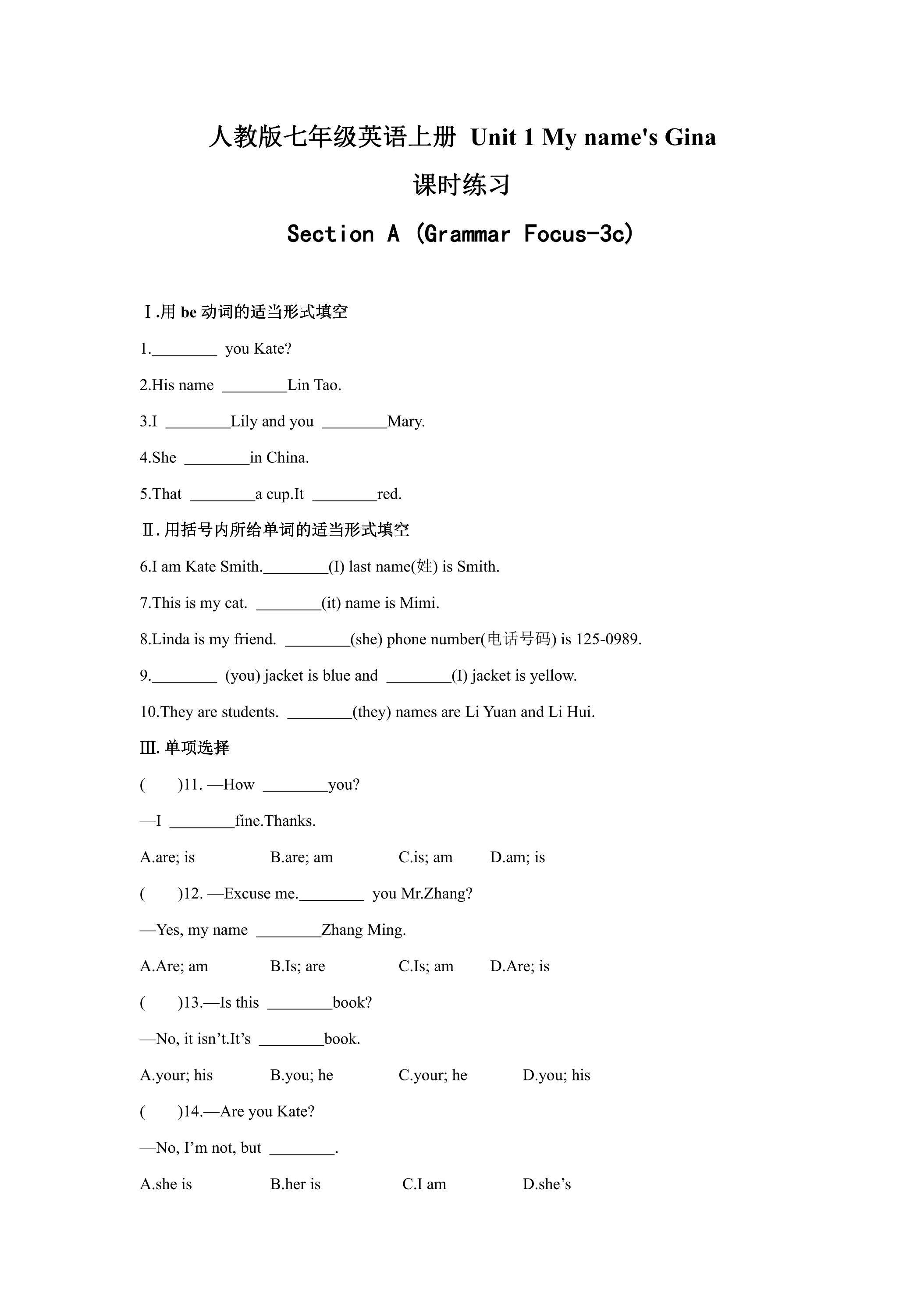 【课时练习】七年级上册英语人教版Unit 1《My name's Gina》Section A 03
