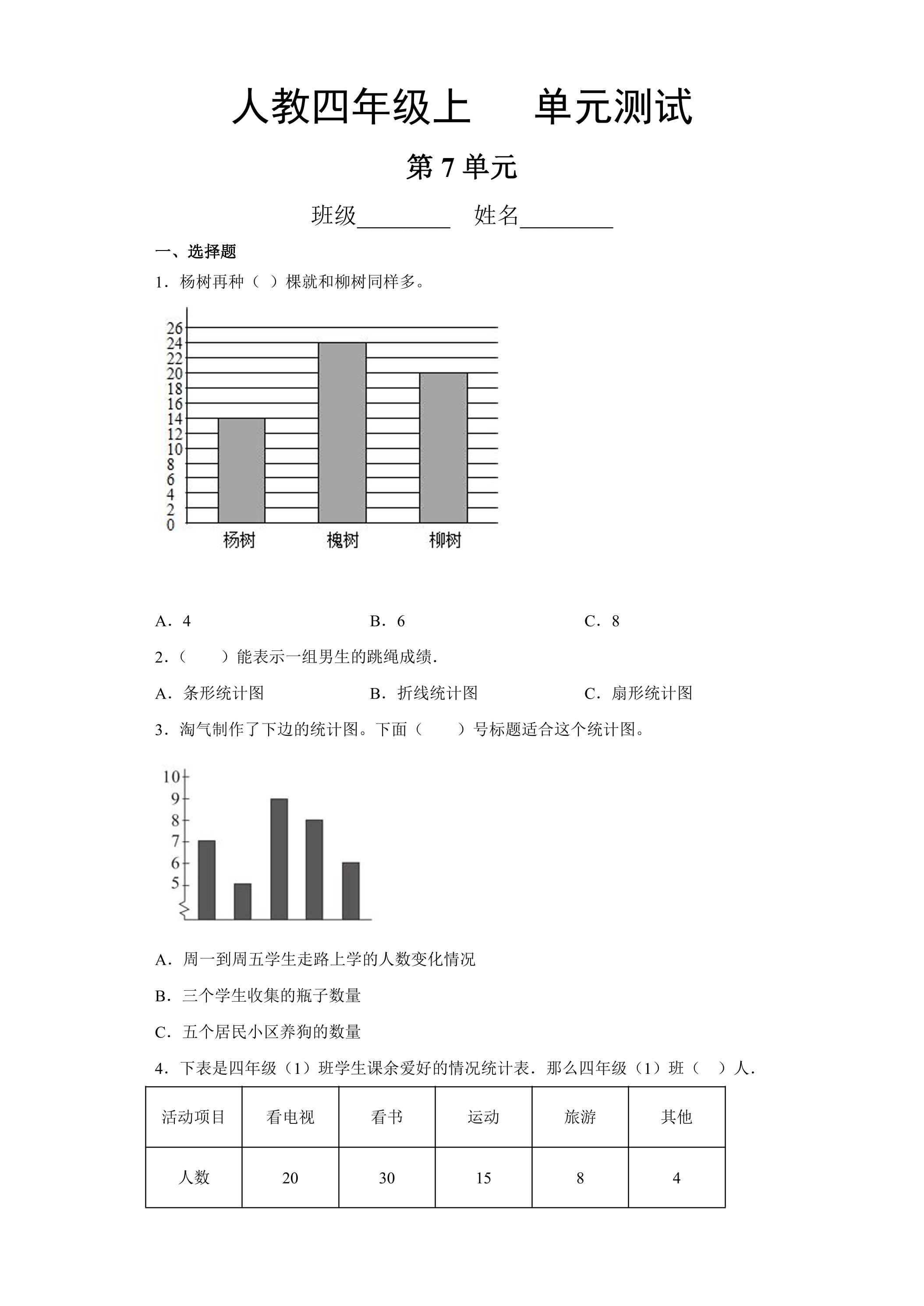 4年级上册数学人教版第7单元复习《单元测试》03（含答案）
