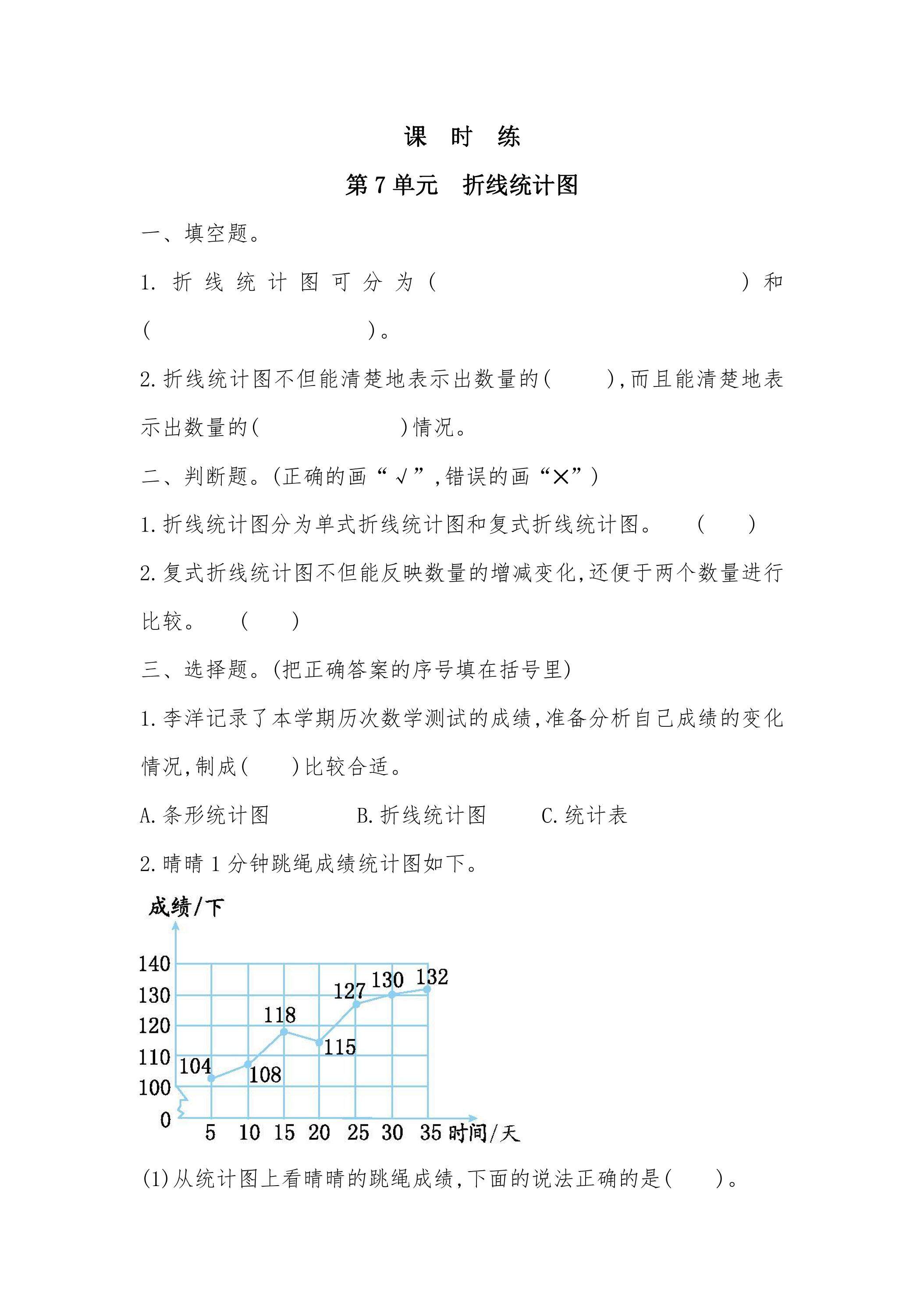 【★★】5年级下册数学人教版课时练第7单元《折线统计图》