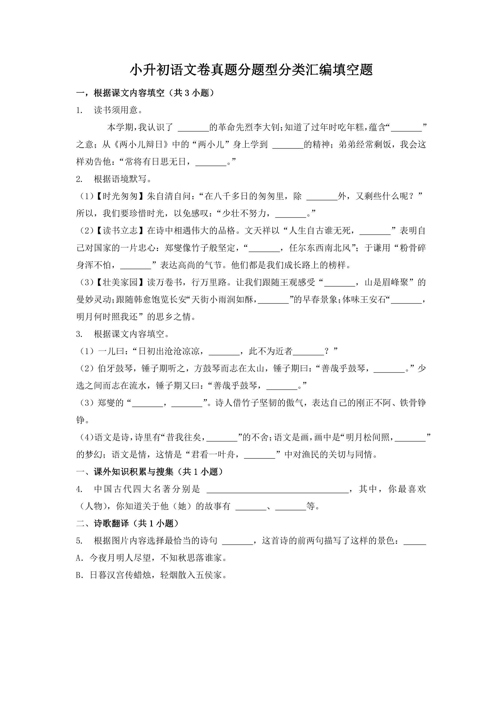小升初语文卷真题分题型分类汇编填空题02