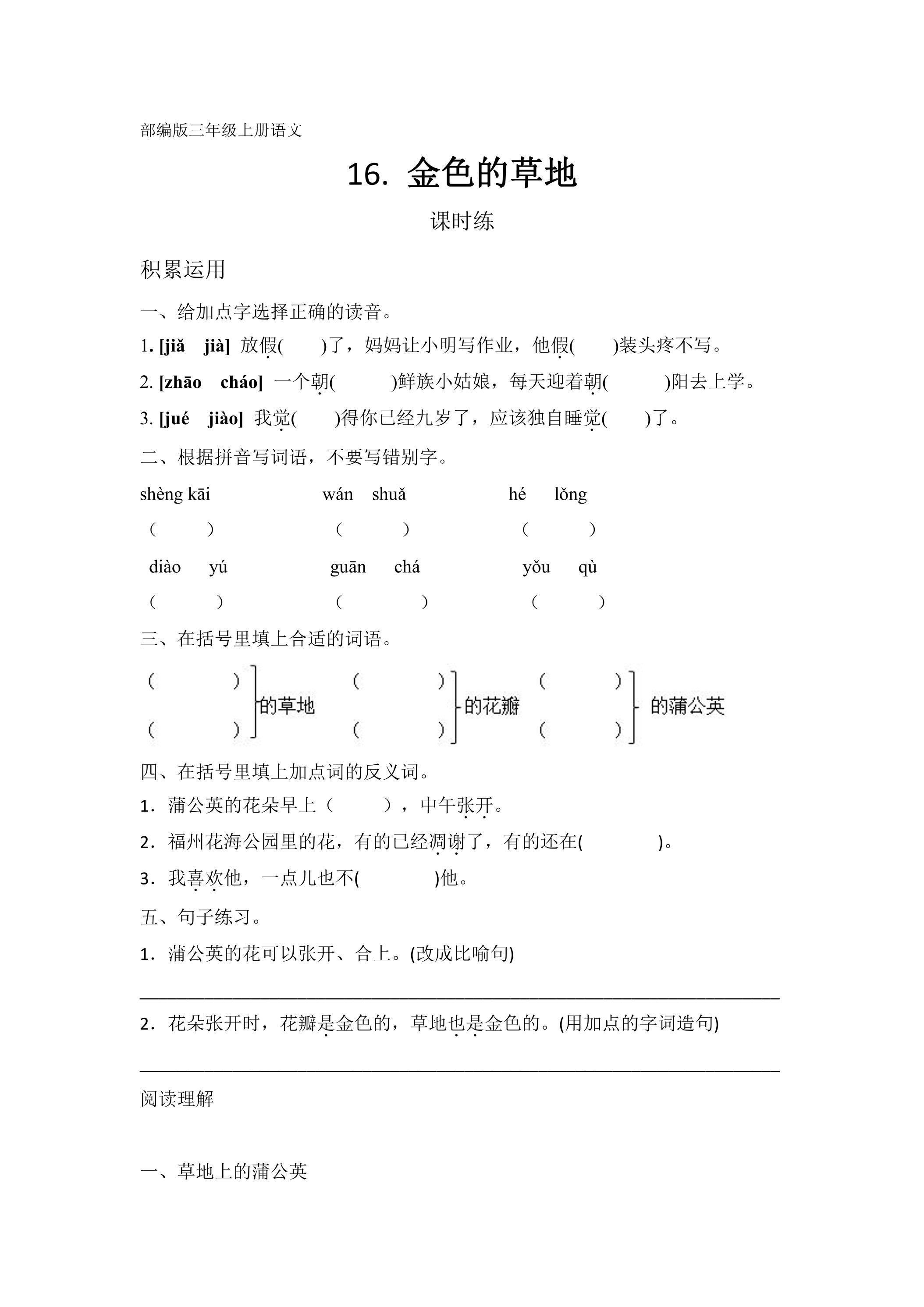 三年级上册语文部编版课时练第16课《金色的草地》02（含答案）