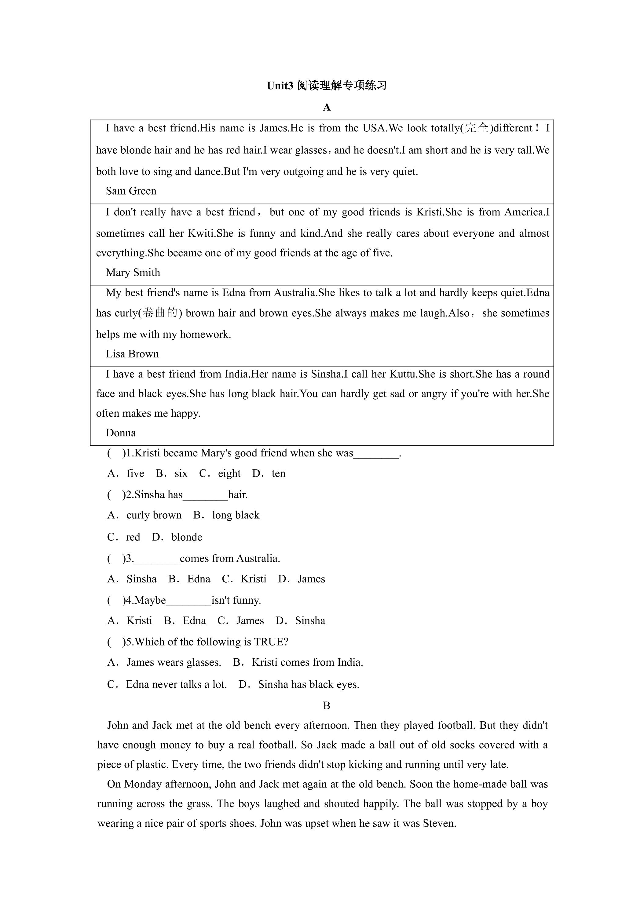Unit3阅读理解专项练习