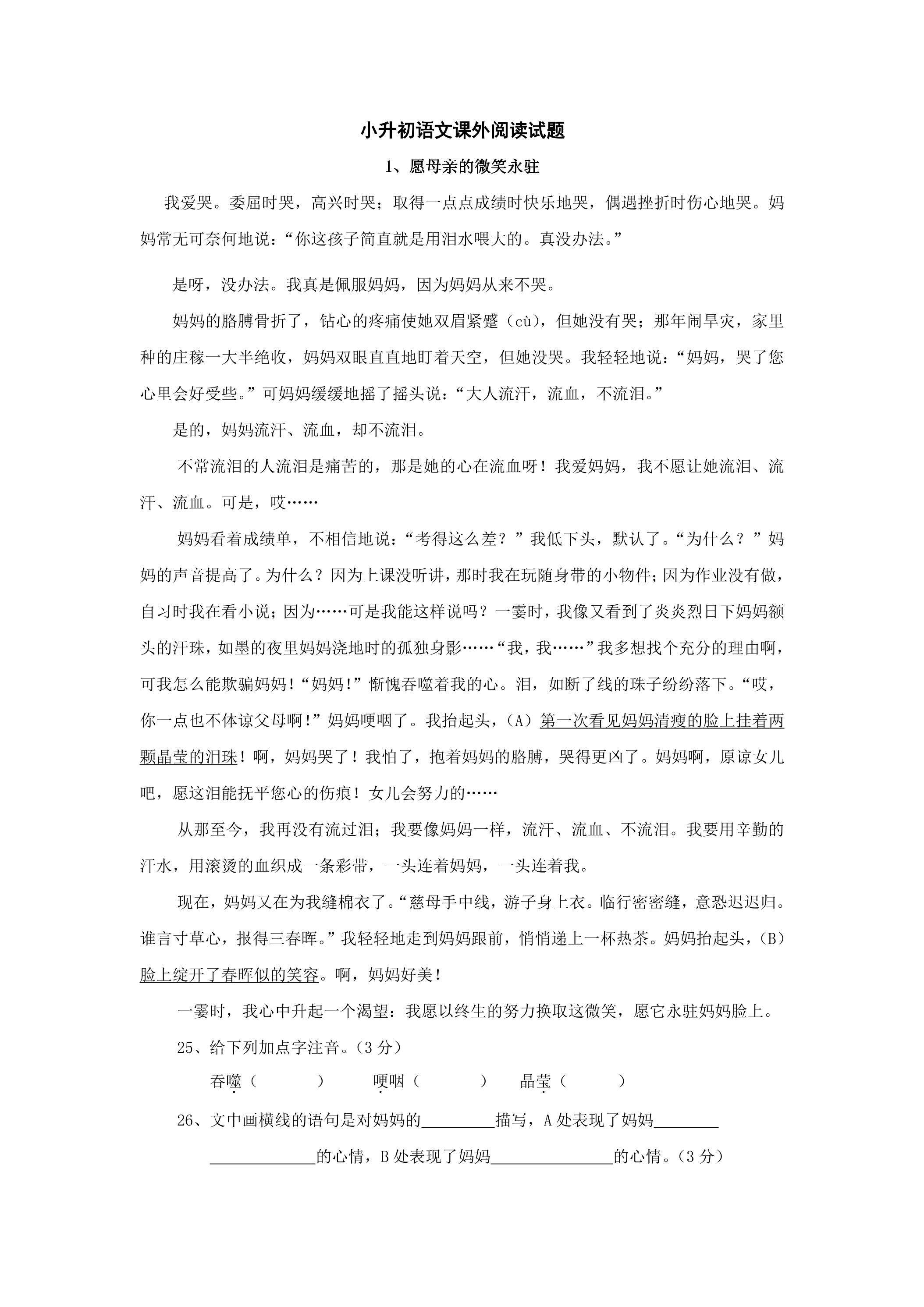 小升初语文课外阅读试题01