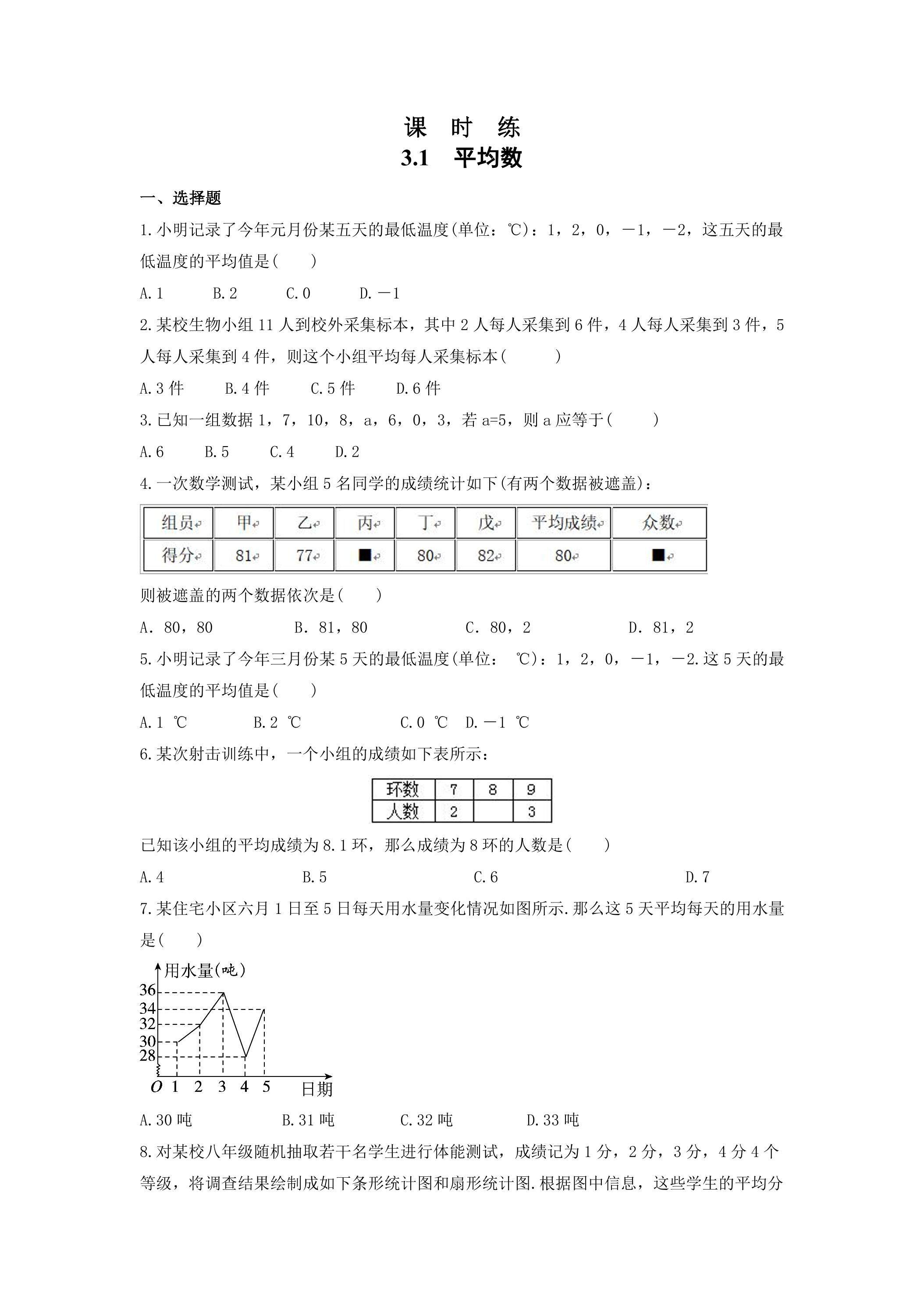 【★】9年级数学苏科版上册课时练第3单元《3.1平均数》