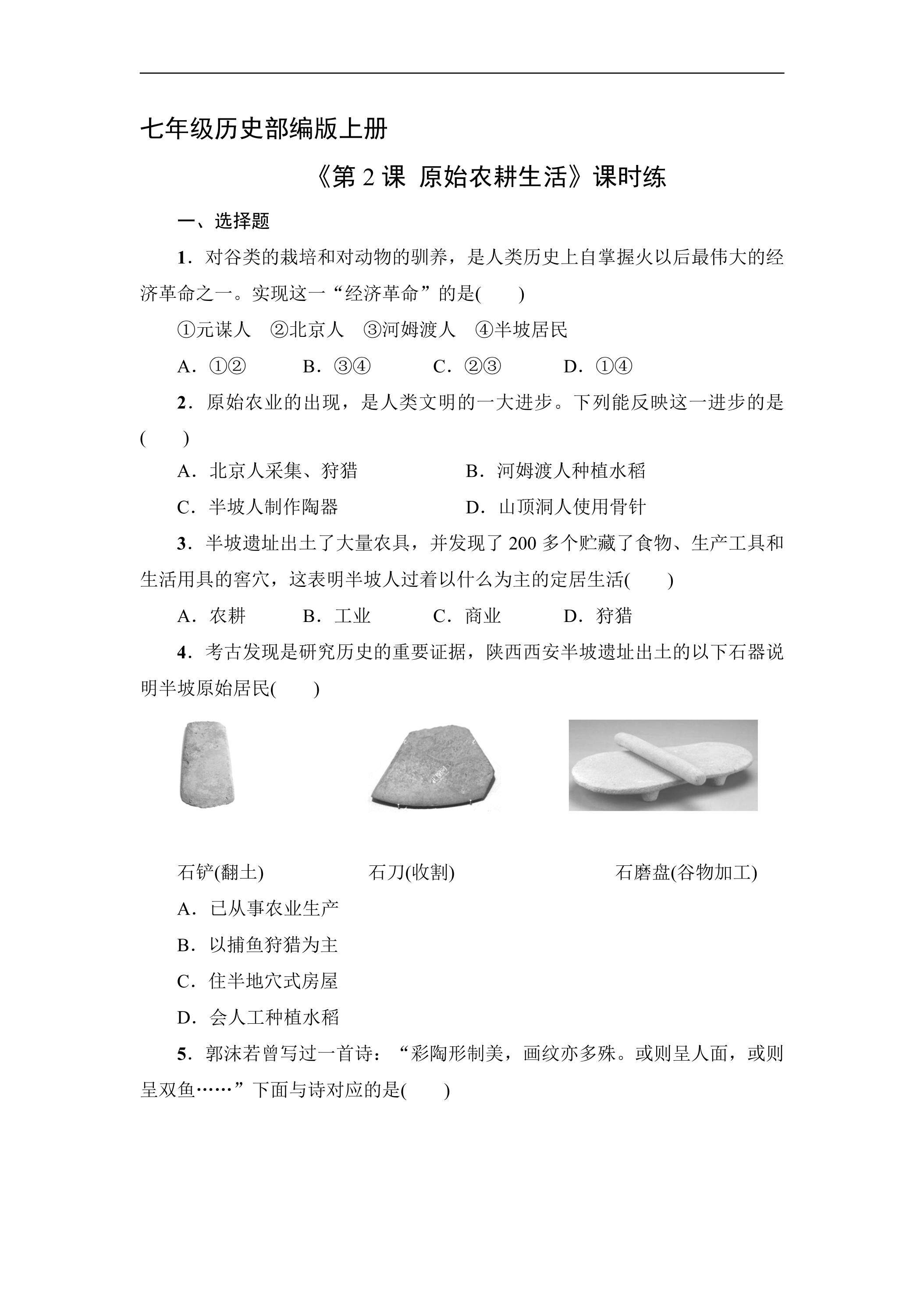 【★★★】七年级历史部编版上册课时练《1.2 原始农耕生活》
