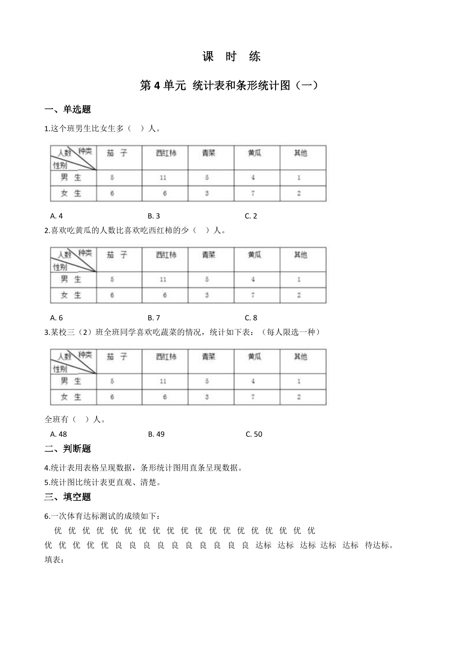 【★★★】4年级数学苏教版上册课时练第4单元《统计表和条形统计图（一）》