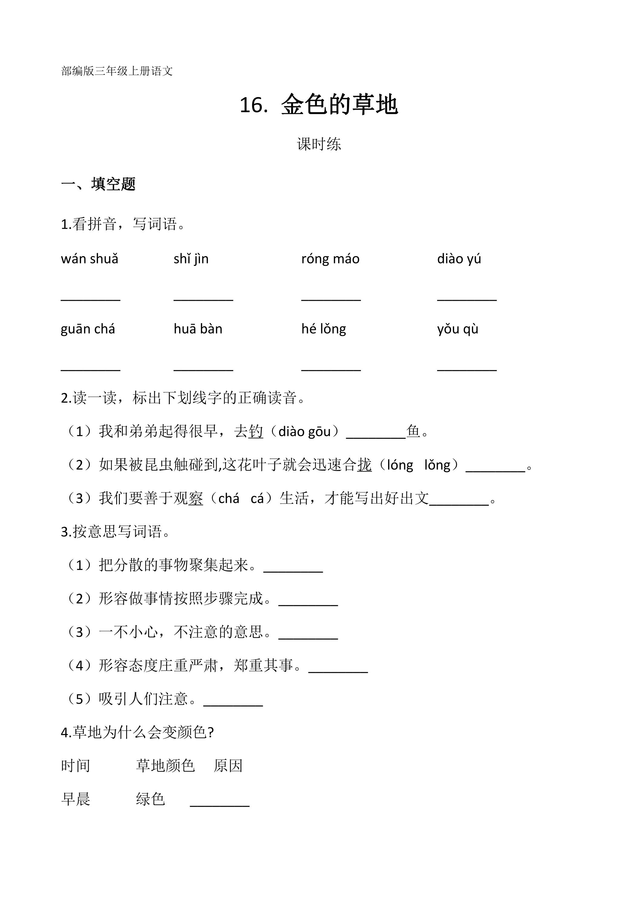 三年级上册语文部编版课时练第16课《金色的草地》03（含答案）