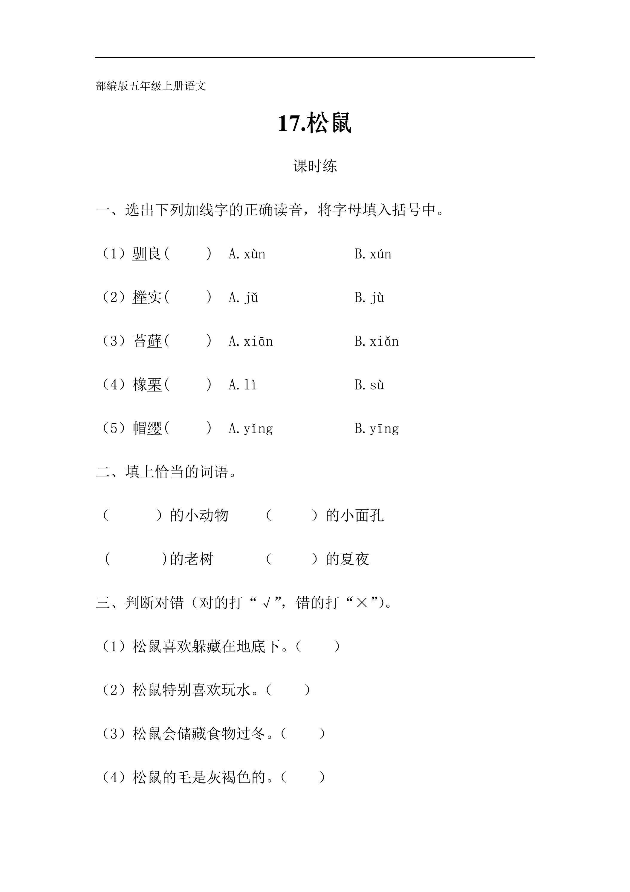 五年级上册语文部编版课时练第17课《松鼠》02（含答案）
