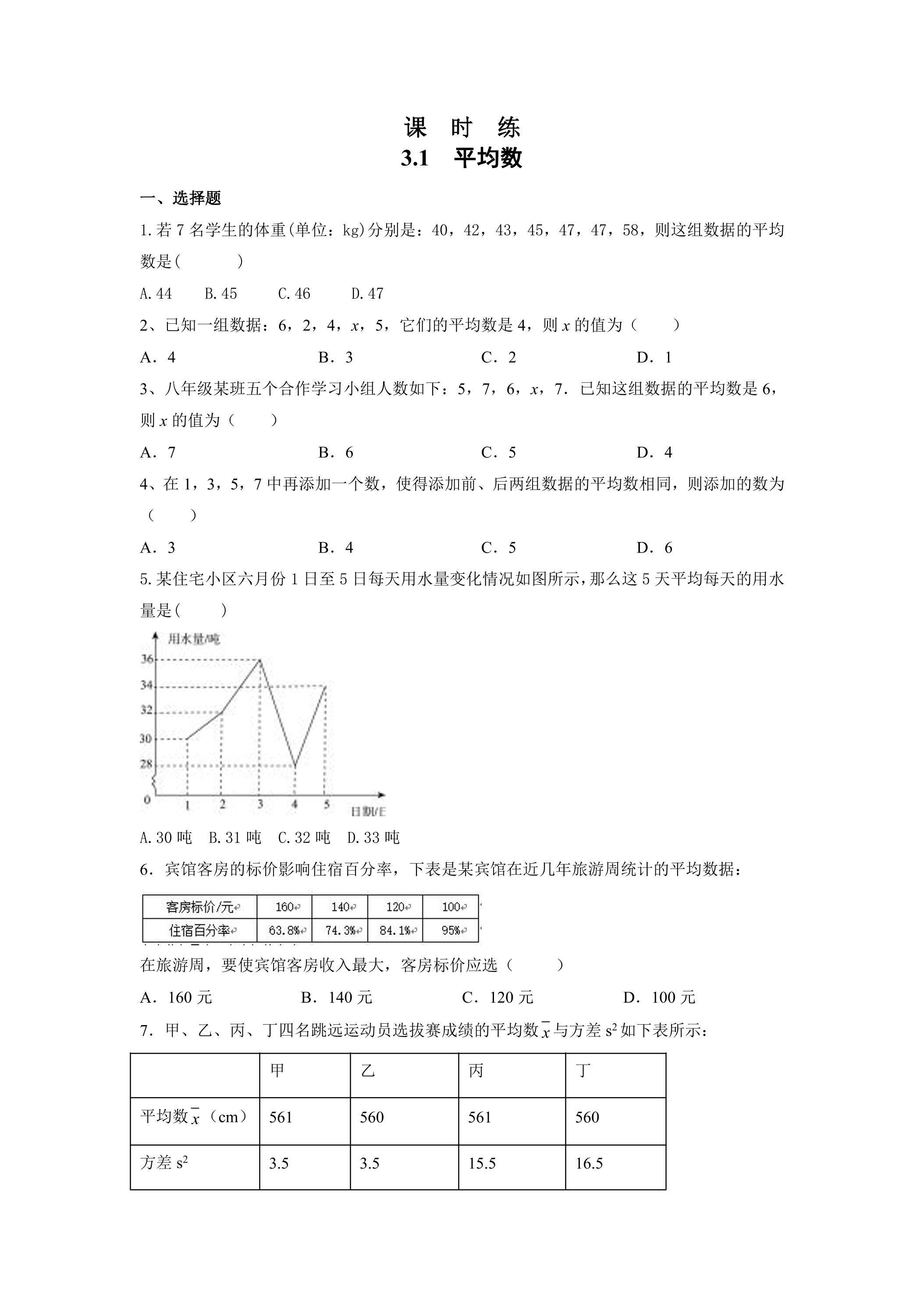 【★★】9年级数学苏科版上册课时练第3单元《3.1平均数》