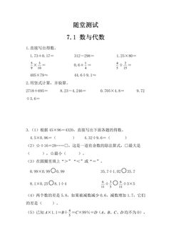 6年级数学苏教版下册随堂测试第7单元《7.1数与代数》
