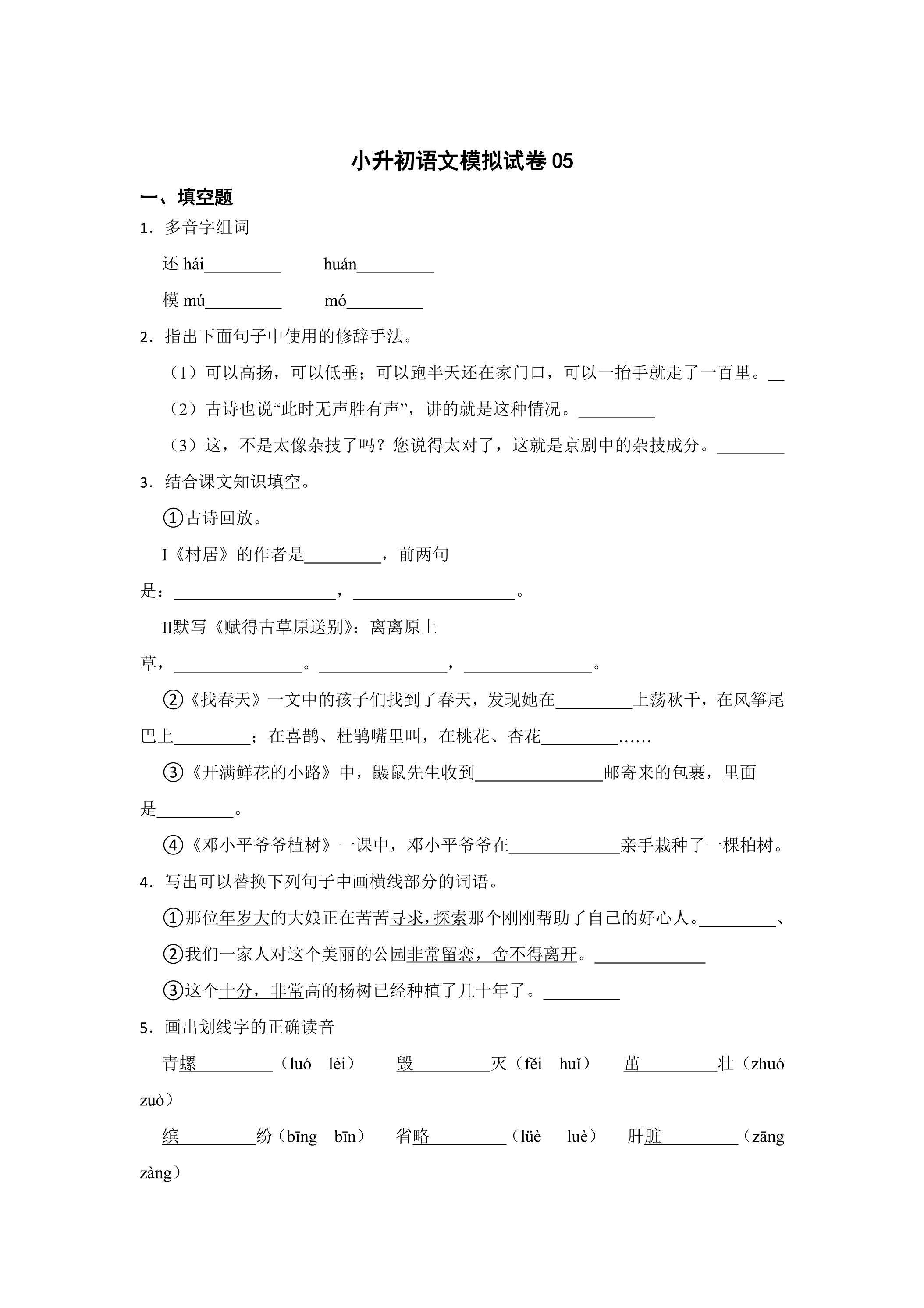 小升初语文模拟试卷05