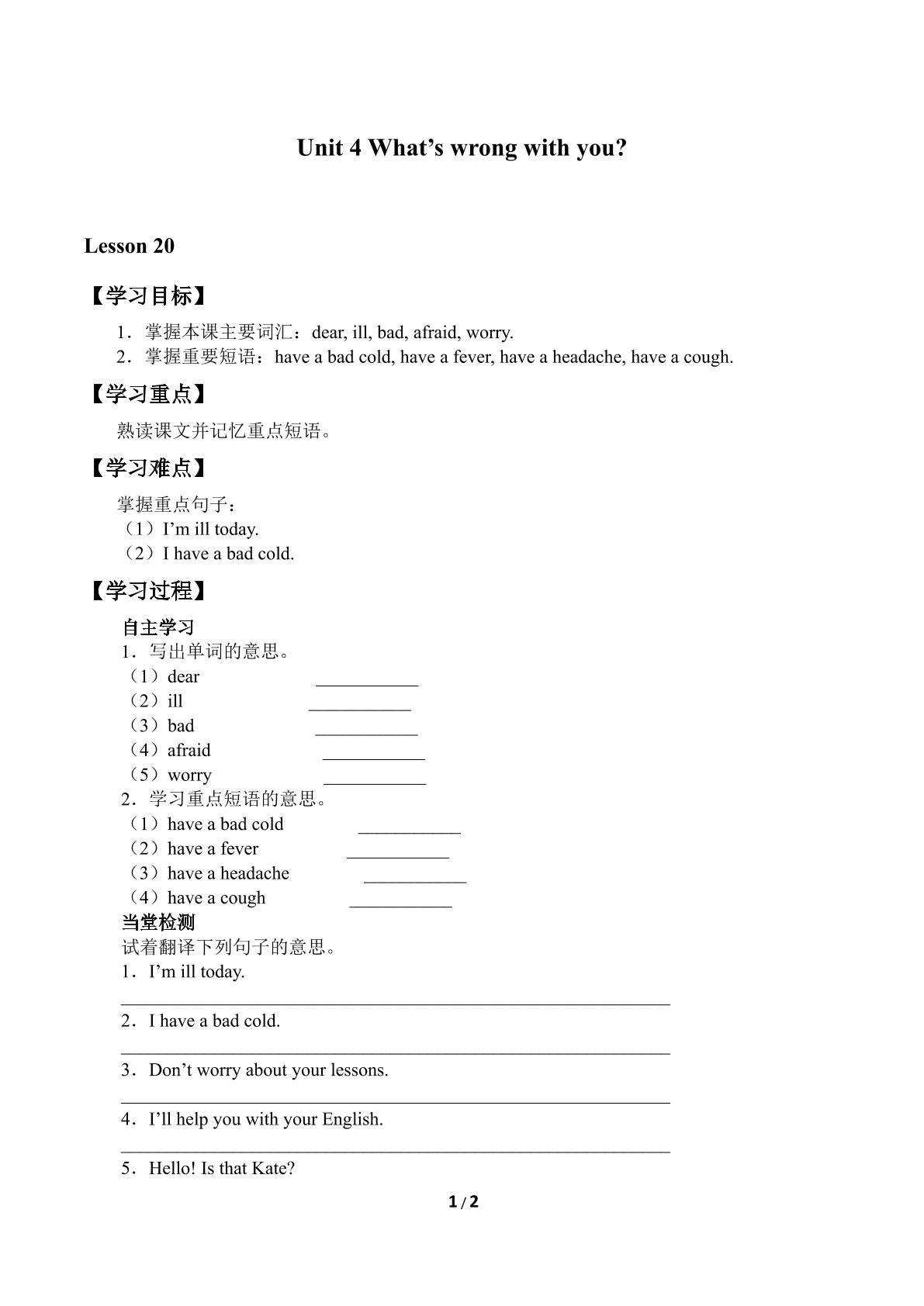 Unit 4 What's wrong with you?_学案2