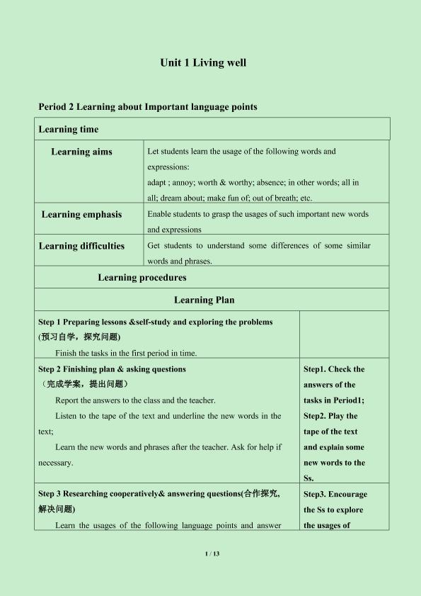 Unit 1 Living well_学案2