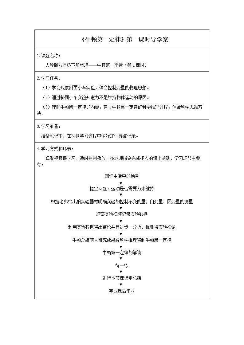 牛顿第一定律（第一课时）