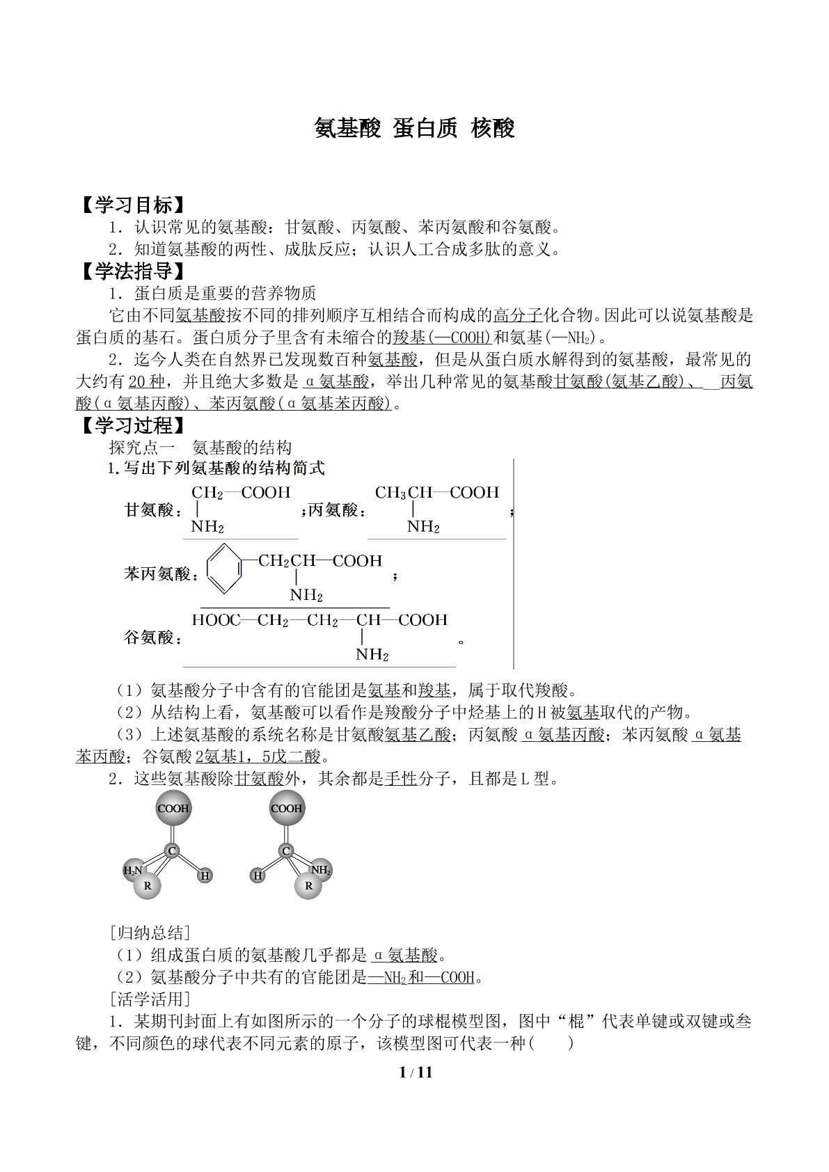 氨基酸 蛋白质 核酸_学案1