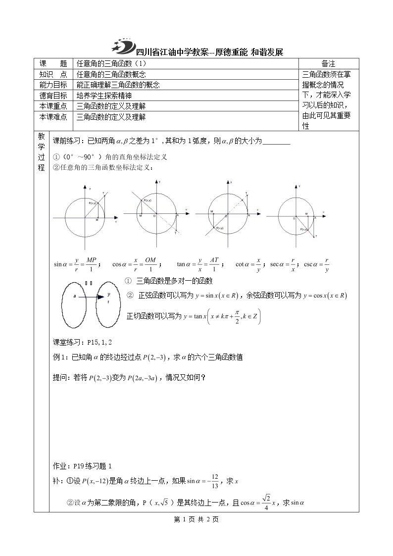 任意角的三角函数（1）