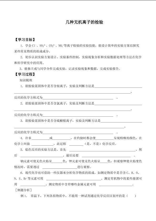 几种无机离子的检验_学案1