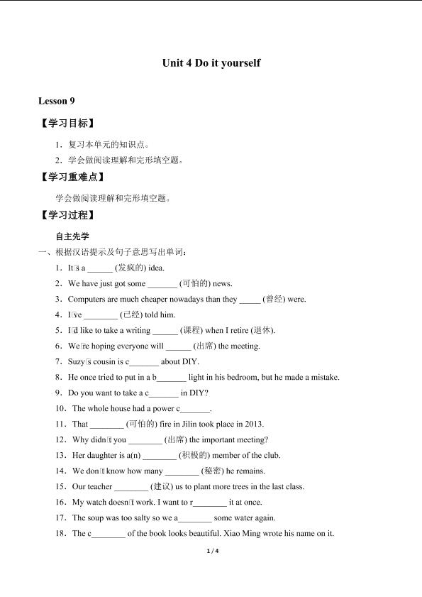 Unit 4 Do it yourself_学案9