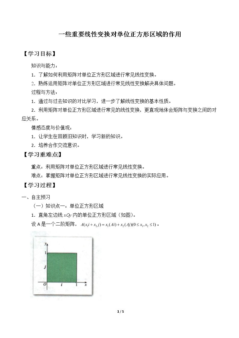 一些重要线性变换对单位正方形区域的作用