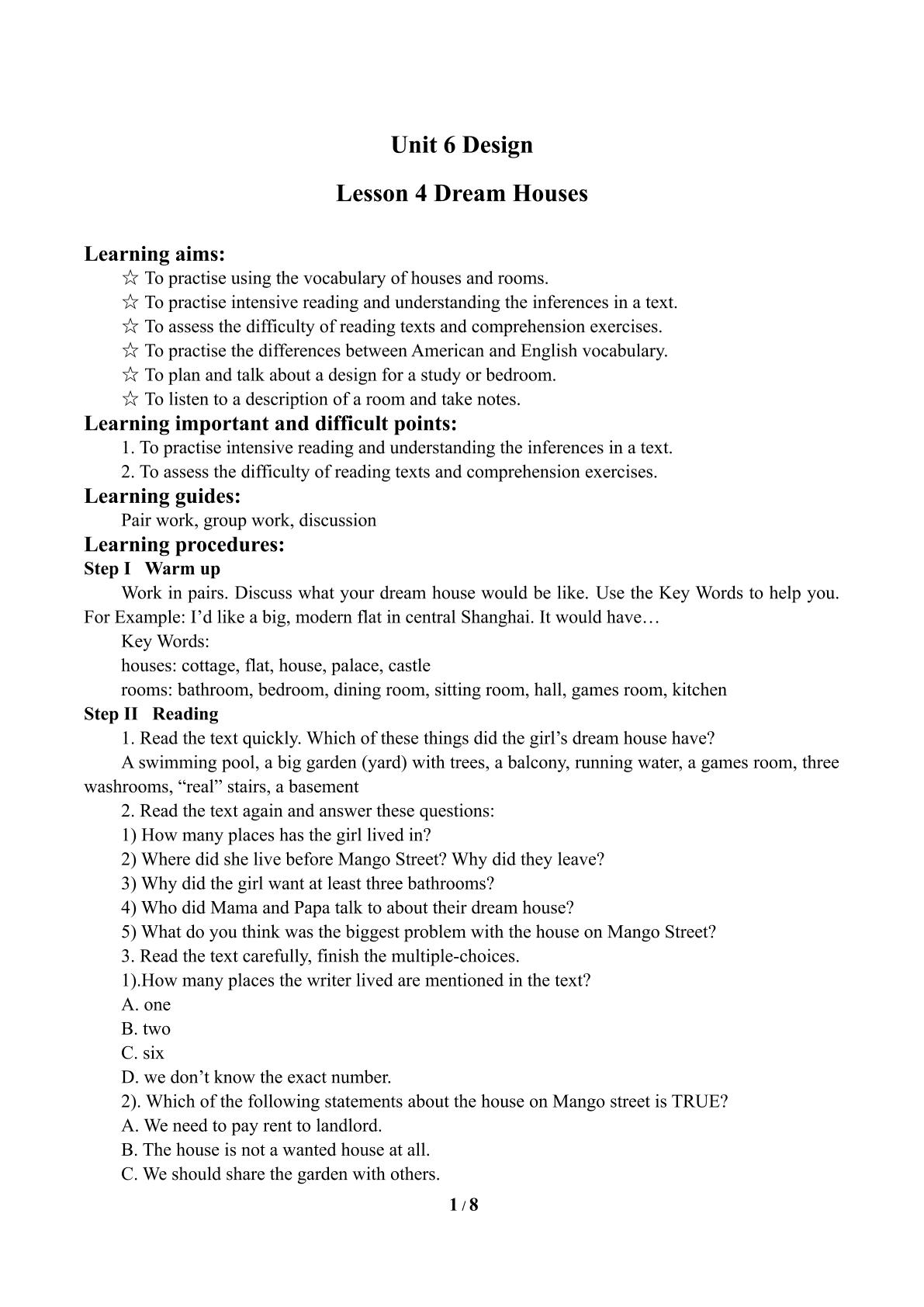 Lesson 4 Dream Houses_学案2
