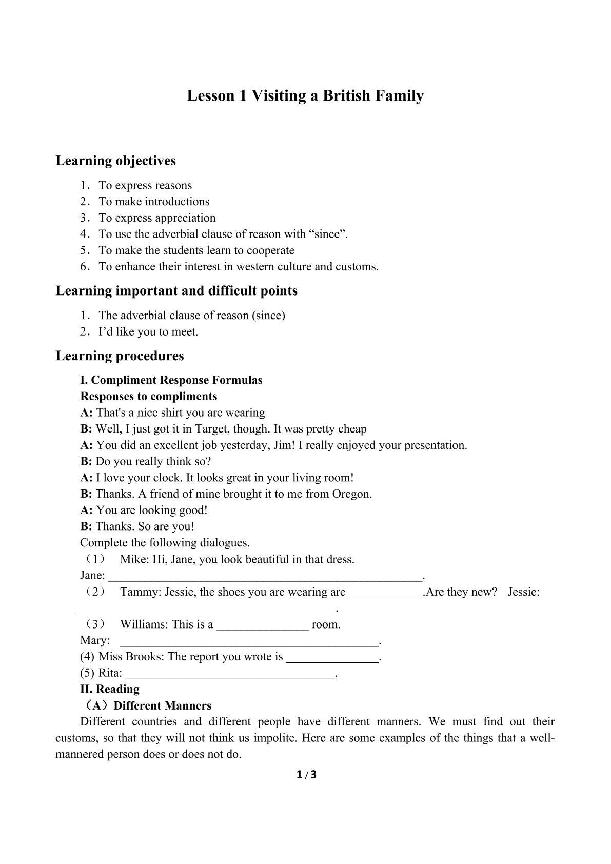 Lesson 1 Visiting a British Family_学案1