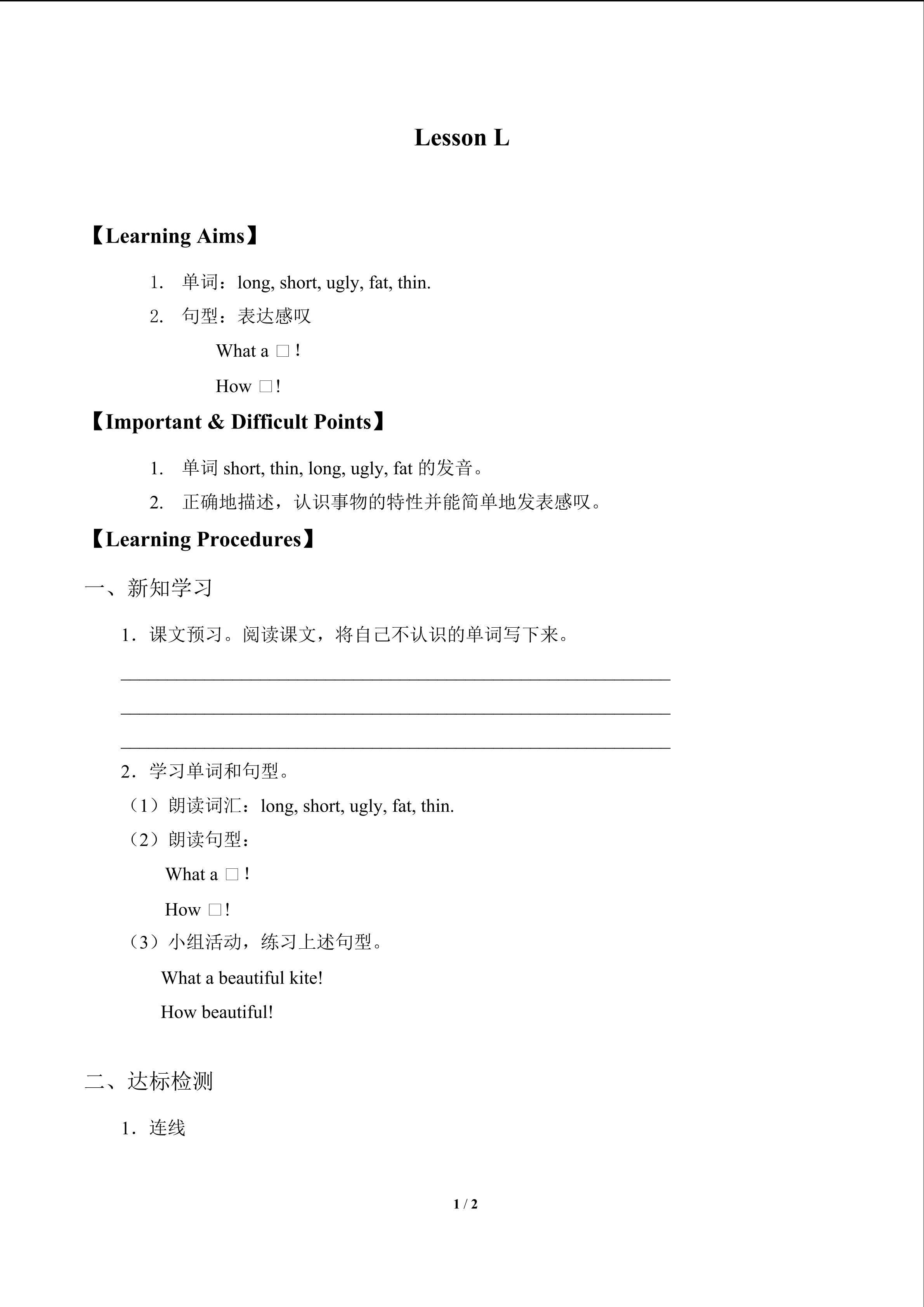 Lesson L    What a Beautiful Kite!_学案1