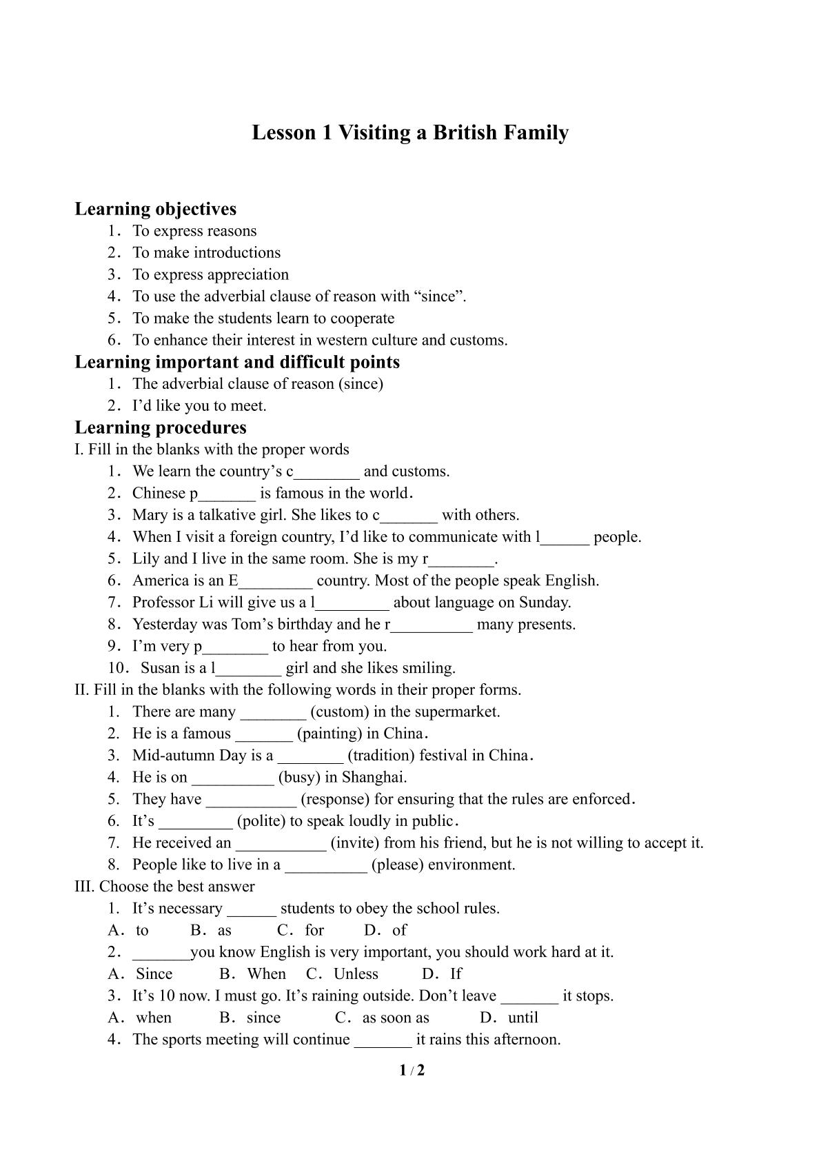 Lesson 1 Visiting a British Family_学案2