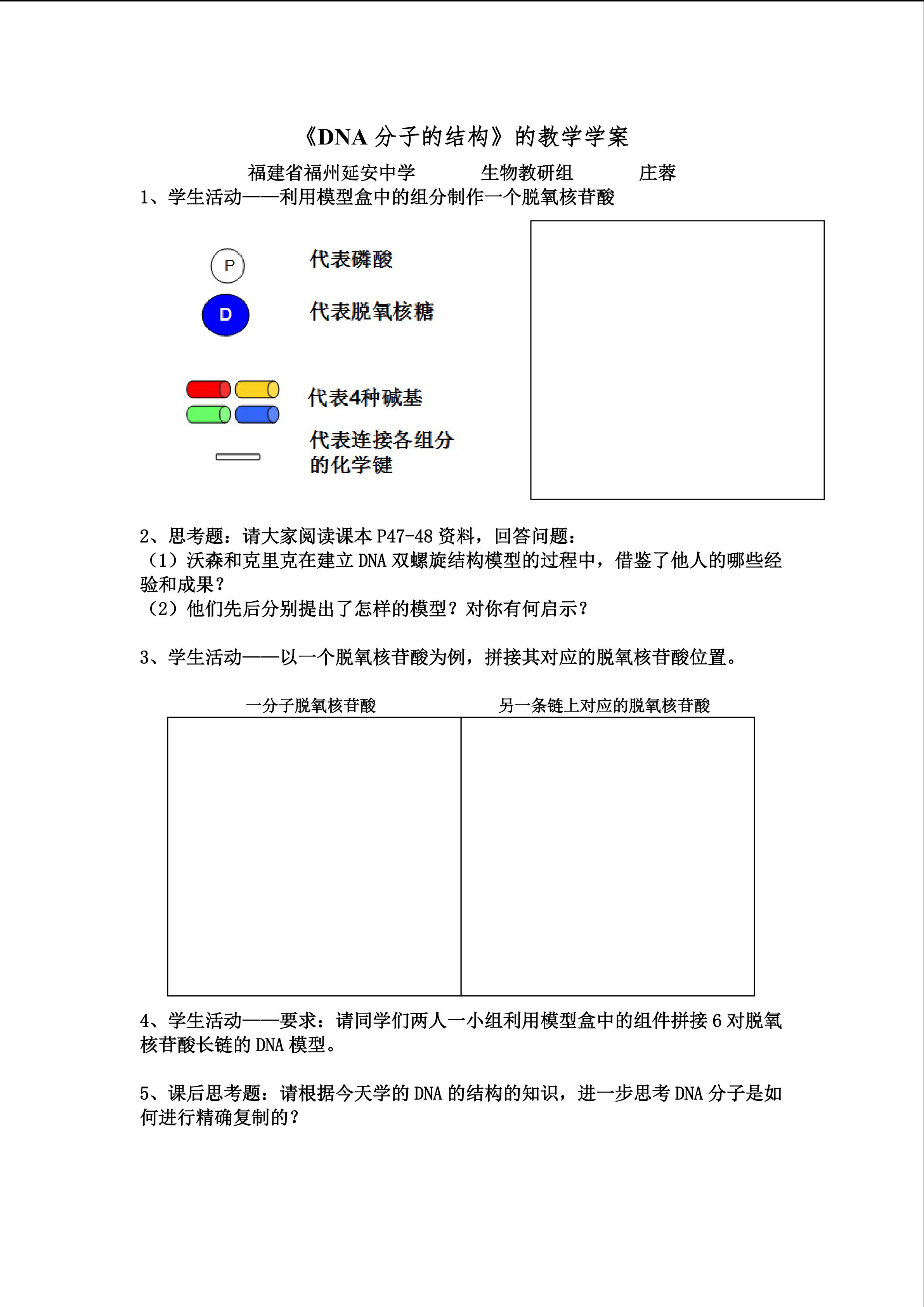 DNA分子的结构-教学学案-福建省福州延安中学-庄蓉