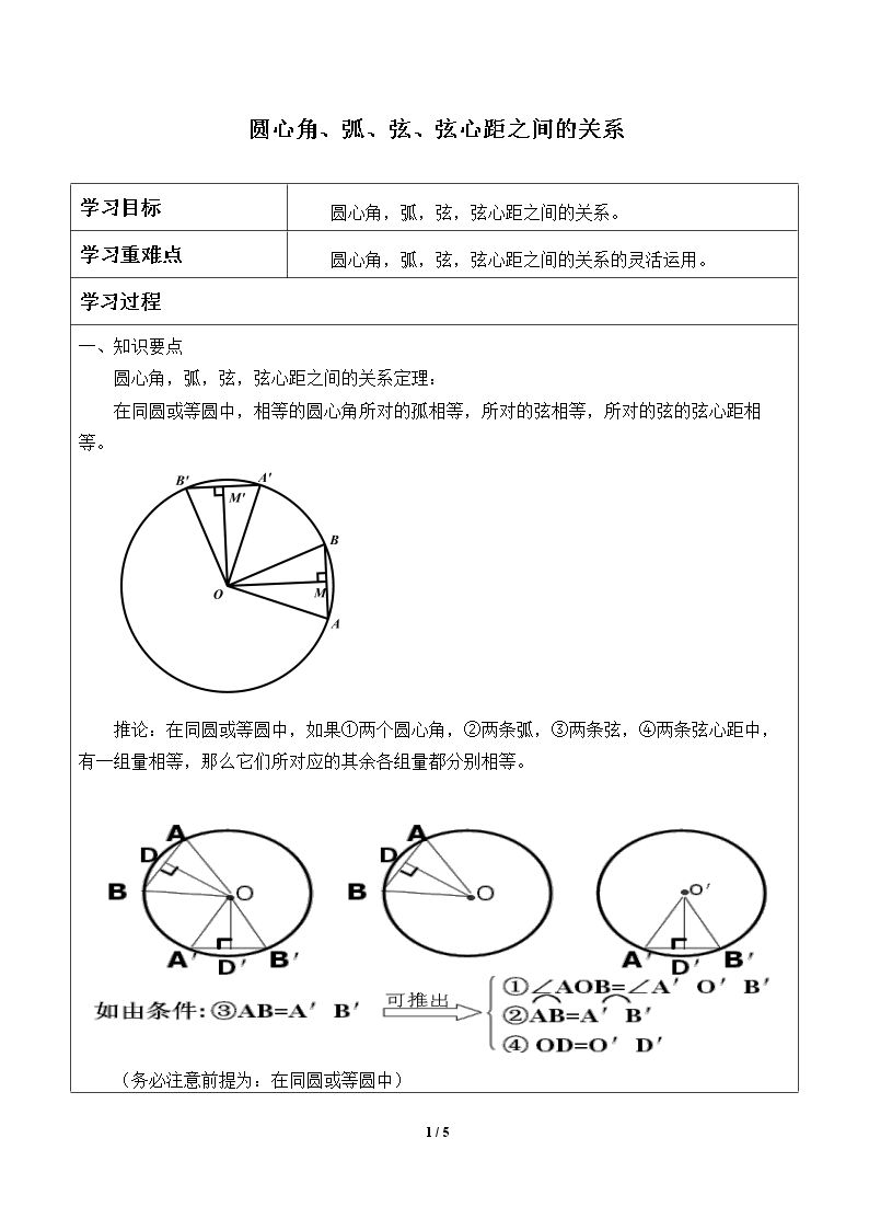 圆心角、弧、弦、弦心距之间的关系_学案1