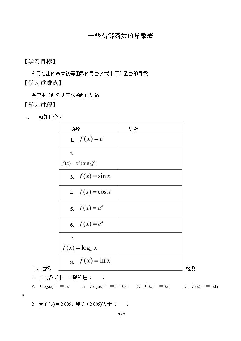 一些初等函数的导数表