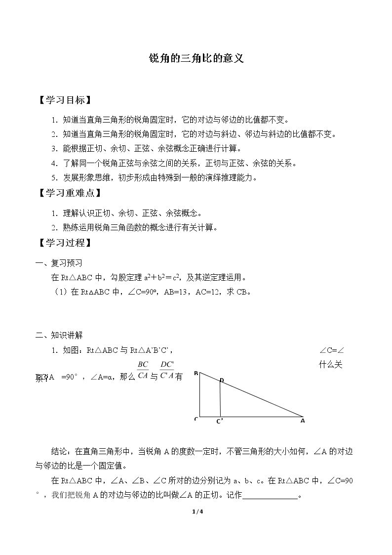 锐角的三角比的意义_学案1