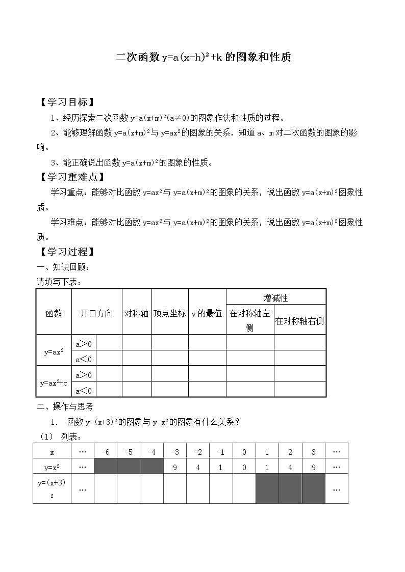 二次函数y=a(x-h)²+k的图象和性质_学案1