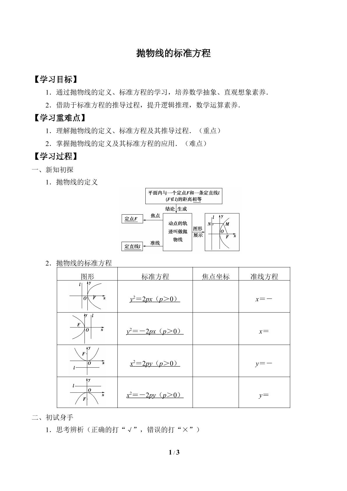 抛物线的标准方程