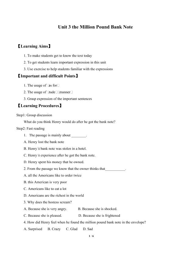 Unit 3 The Million Pound Bank Note_学案1