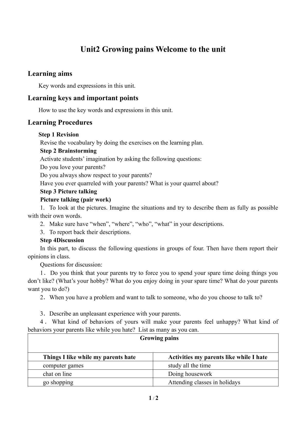 Unit2　Growing pains Welcome to the unit_学案1