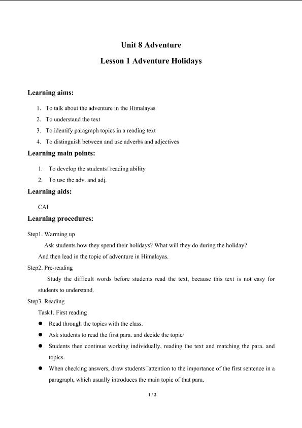 Lesson 1 Adventure Holidays_学案2