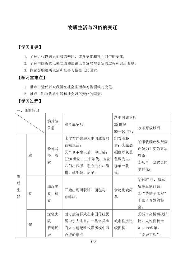 物质生活与习俗的变迁_学案2