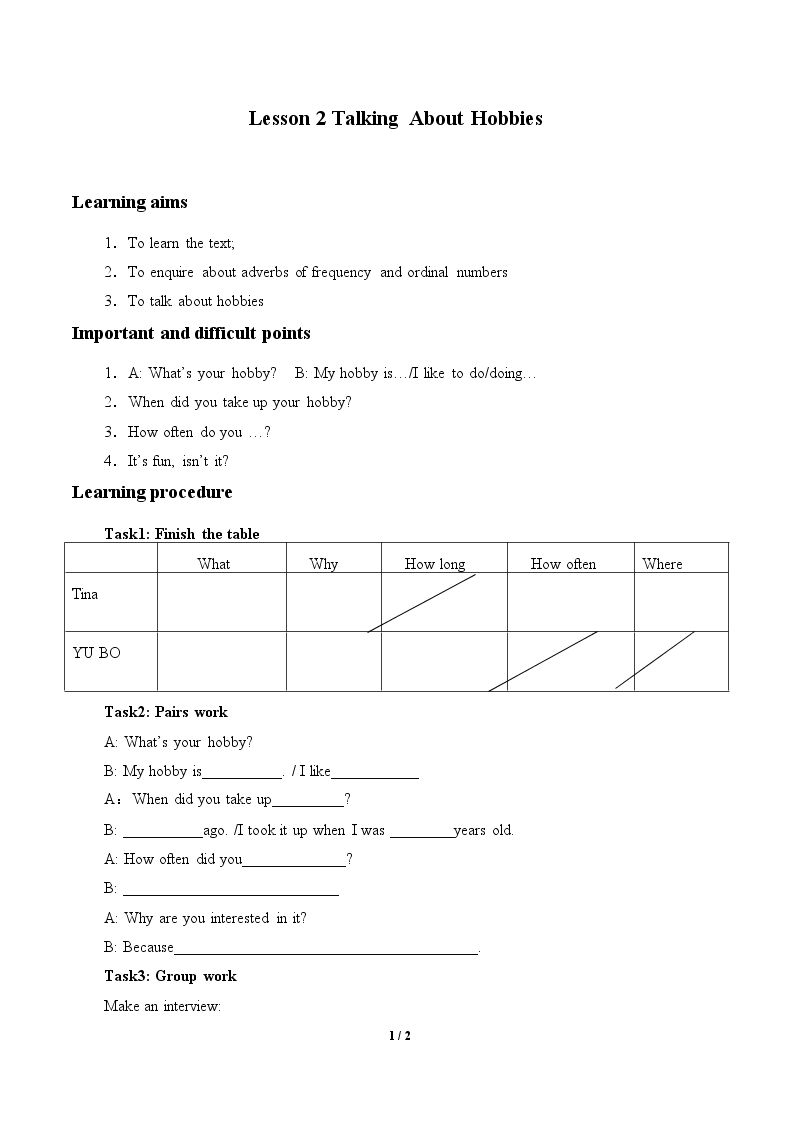 Lesson 2 Talking About Hobbies_学案1