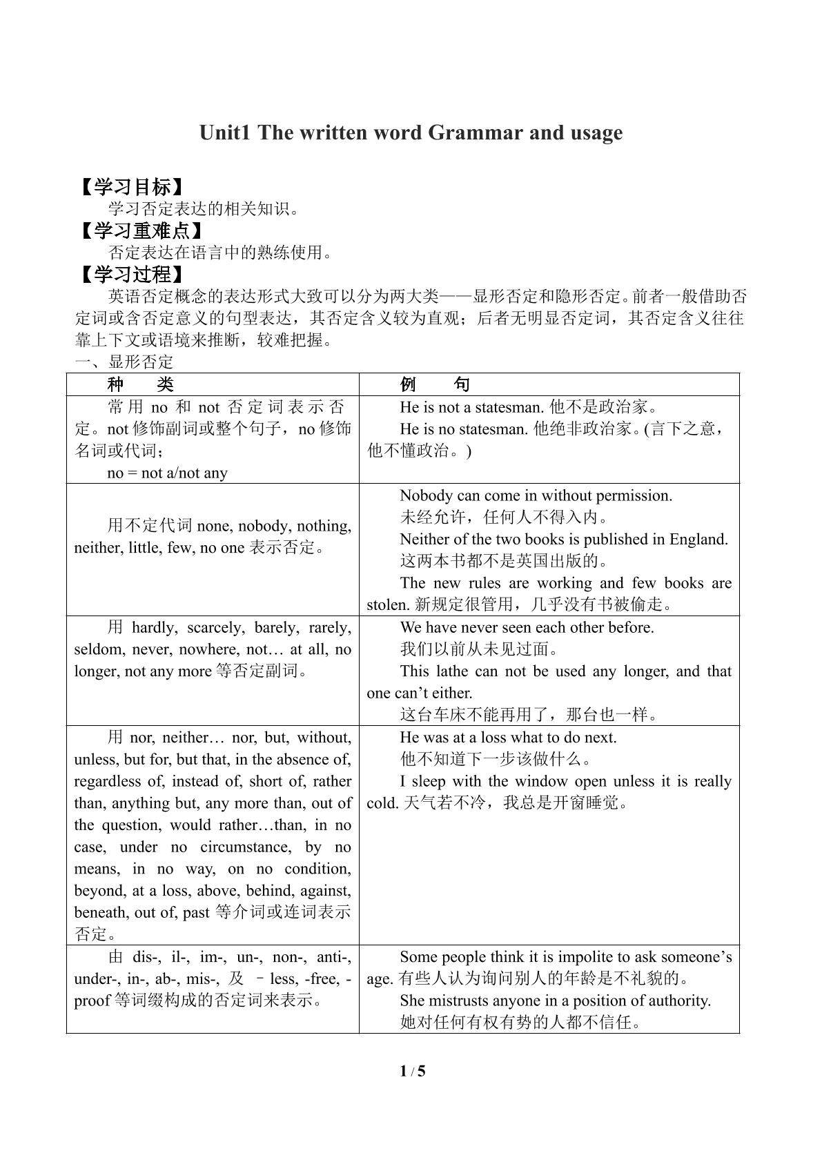 Unit1　The written word Grammar and usage_学案1