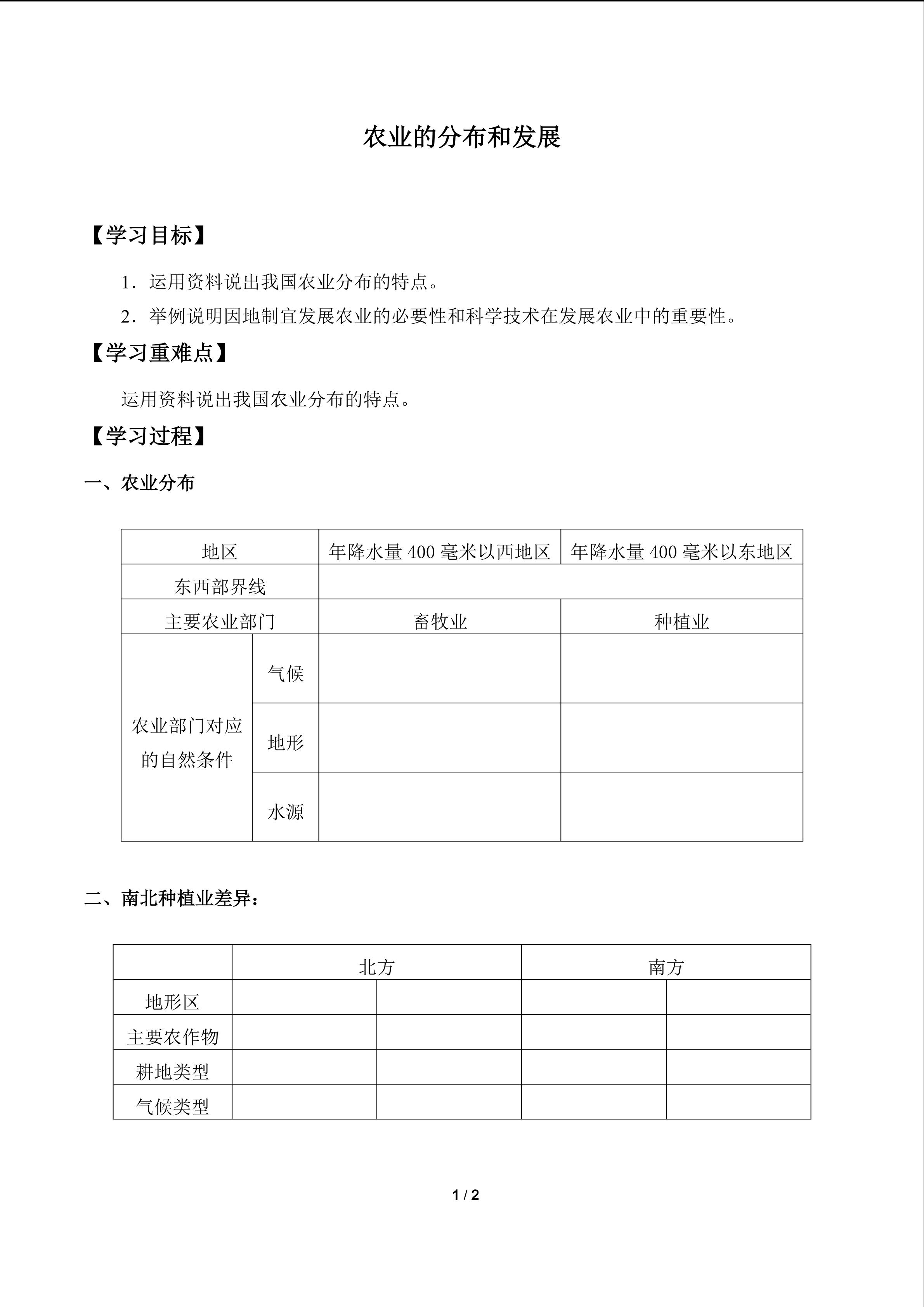 农业的分布和发展_学案1