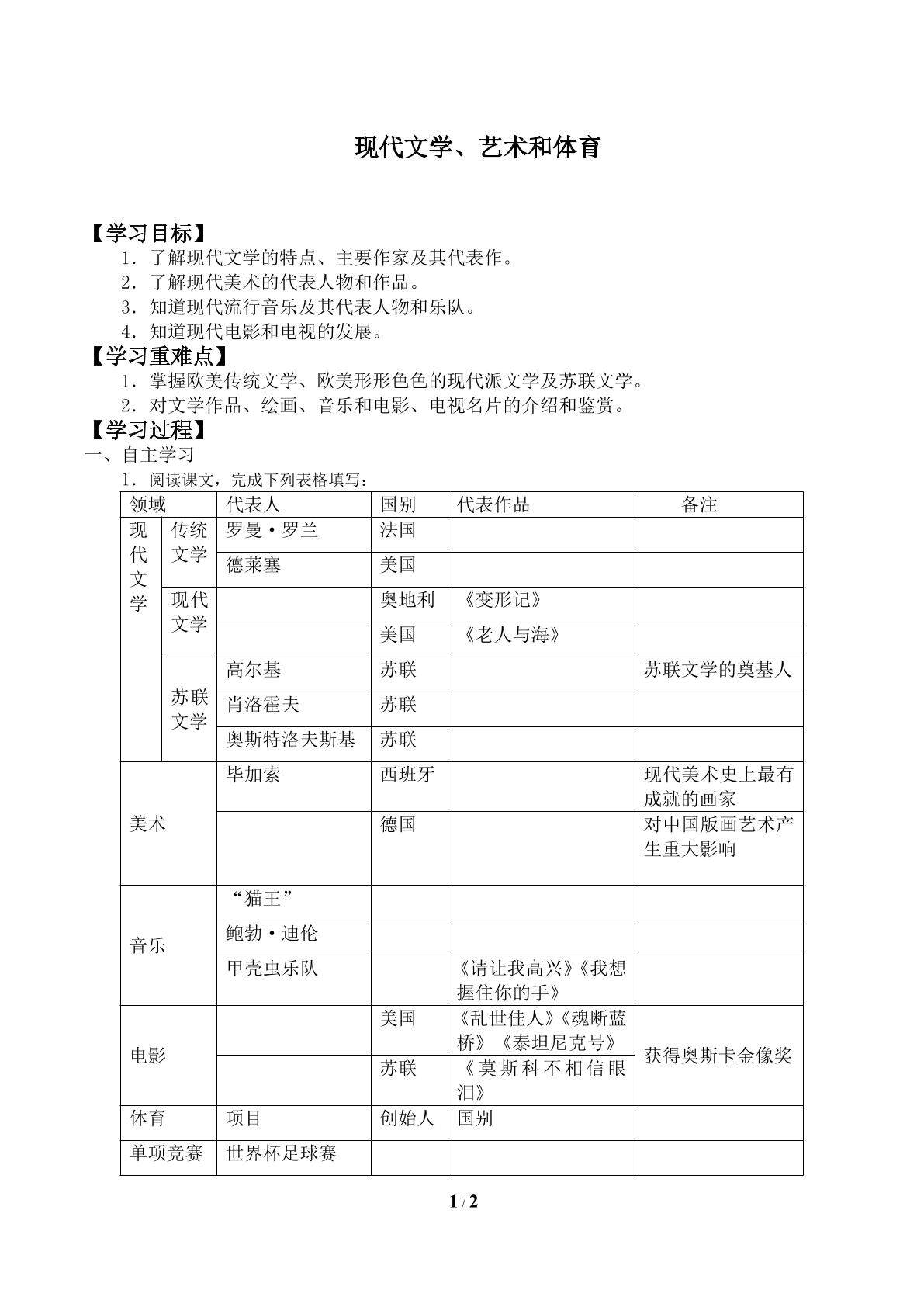 现代文学、艺术和体育_学案1