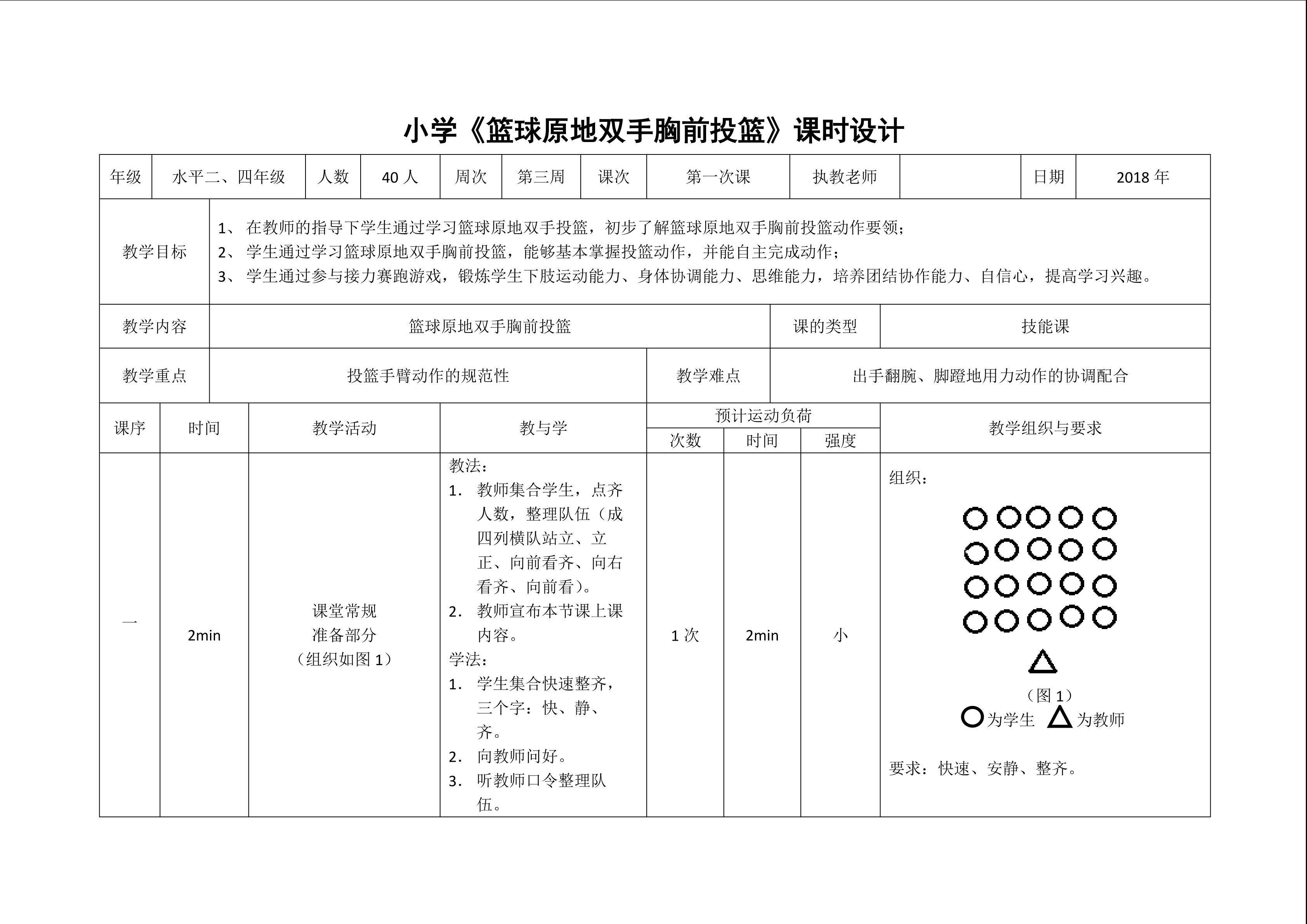 小学《篮球原地双手胸前投篮》课时设计