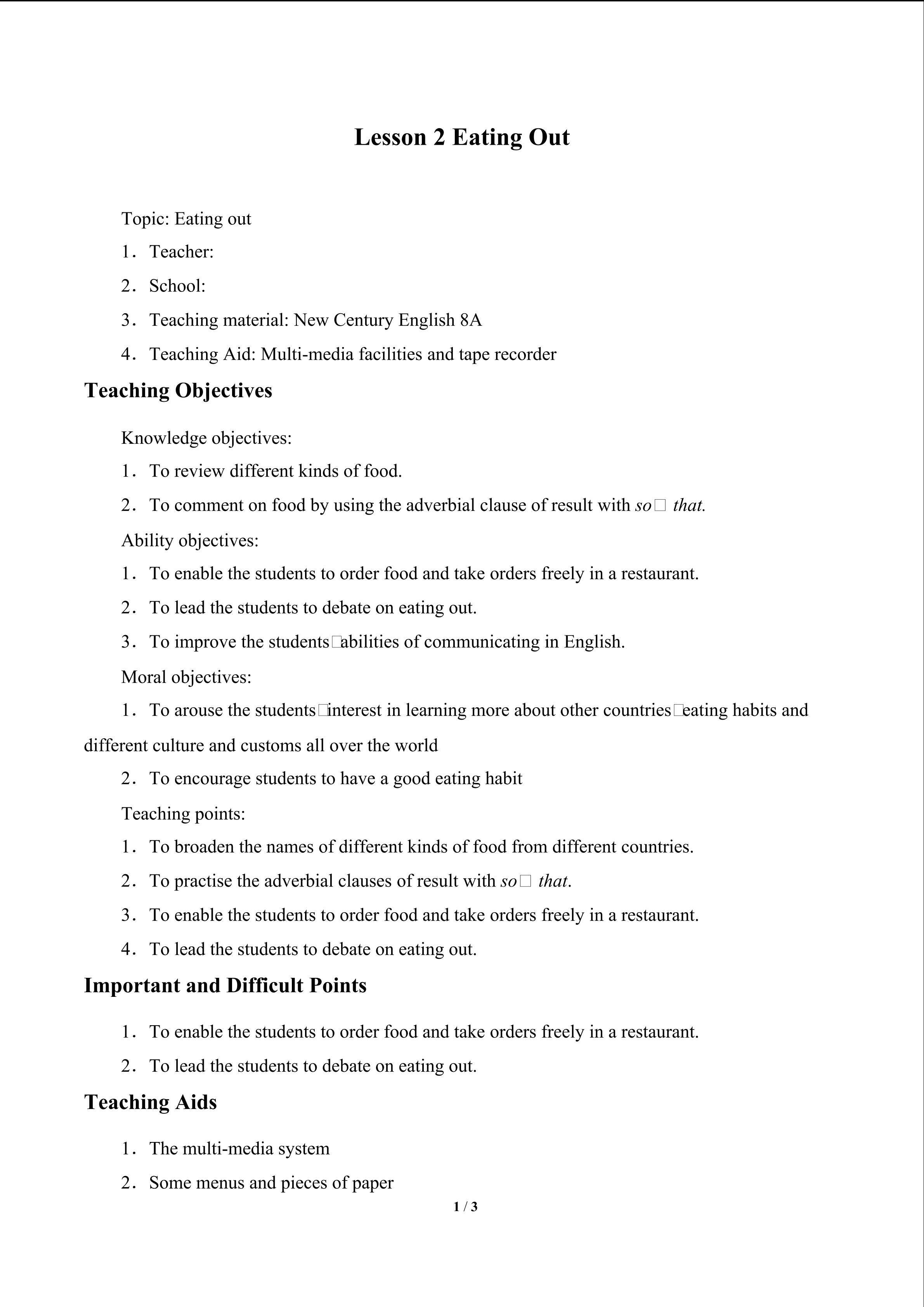 Lesson 2 Eating Out_教案2